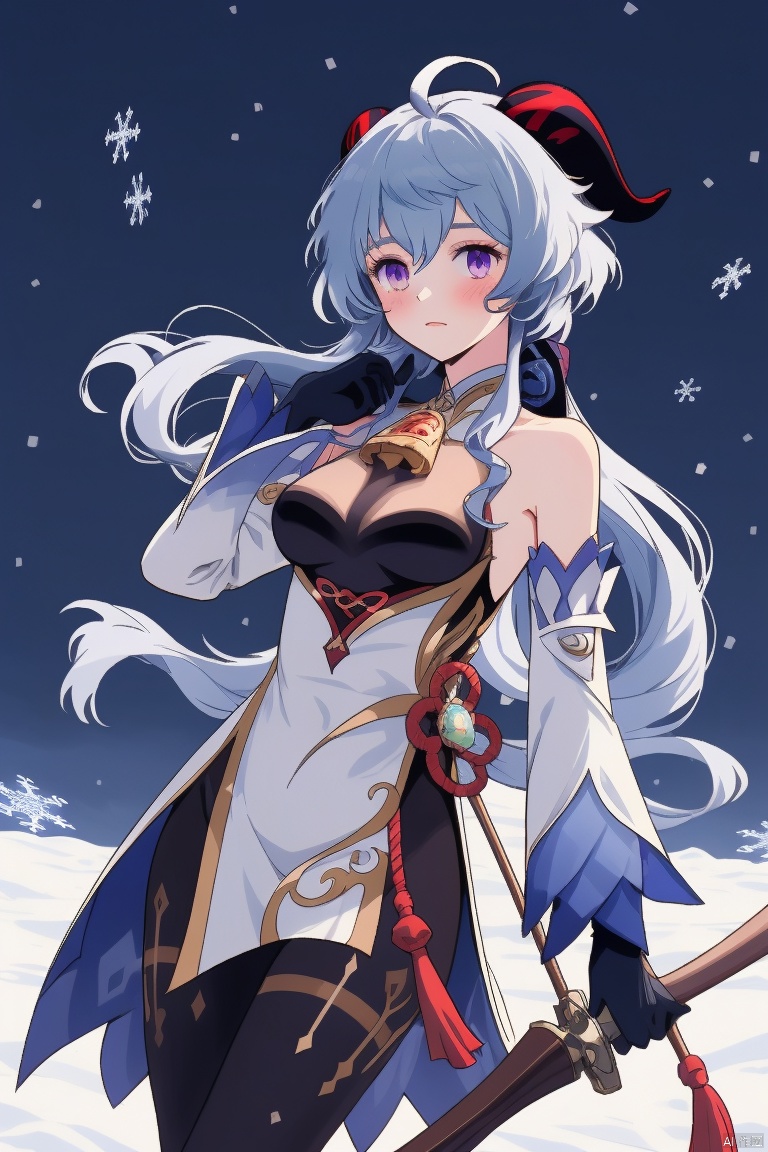 ganyv, 1girl, solo, ganyu \(genshin impact\), weapon, horns, long hair, holding weapon, bow \(weapon\), gloves, ahoge, breasts, blue hair, holding bow \(weapon\), holding, detached sleeves, purple eyes, black gloves, medium breasts, armpits, bare shoulders, vision \(genshin impact\), bell, bangs, goat horns, bodystocking, outstretched arm, pelvic curtain, snowflakes, blush, drawing bow, covered navel, pantyhose, tassel, gold trim, long sleeves, very long hair