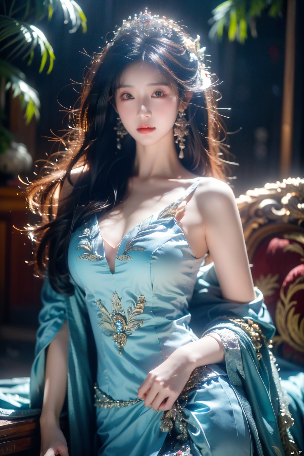 Masterpiece, best quality, bust, a girl, Peacock princess, blue dress, exquisite face, sexy, white skin, medium chest, HD photography, (Peacock) , ((poakl)), 1girl,moyou