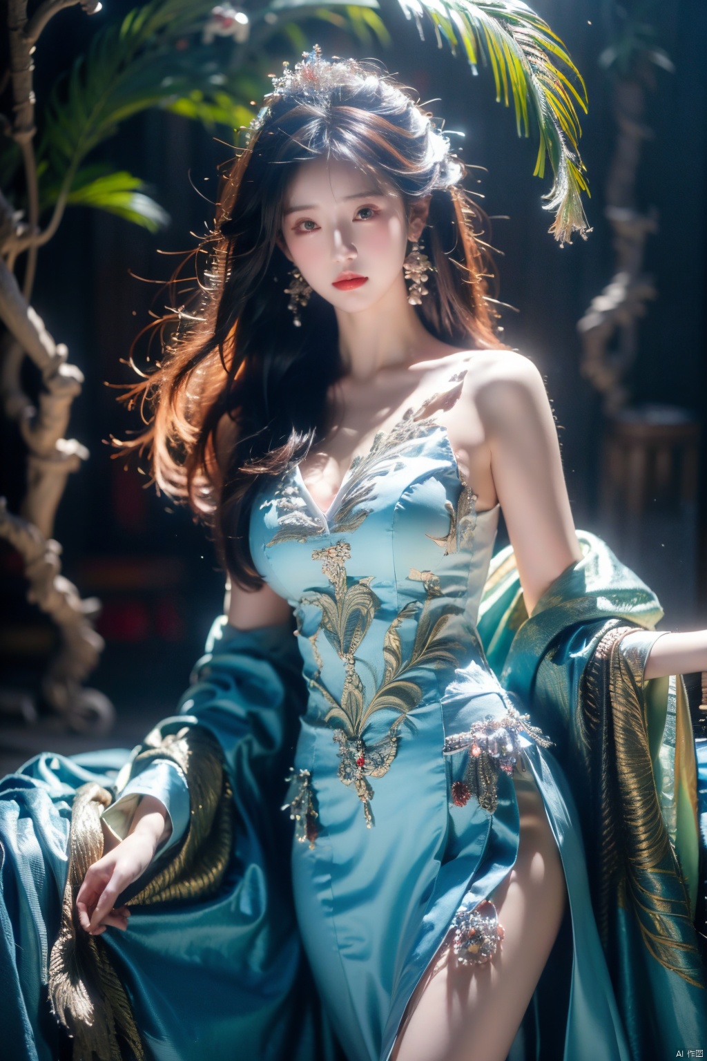 Masterpiece, best quality, bust, a girl, Peacock princess, blue dress, exquisite face, sexy, white skin, medium chest, HD photography, (Peacock) , ((poakl)), 1girl,moyou