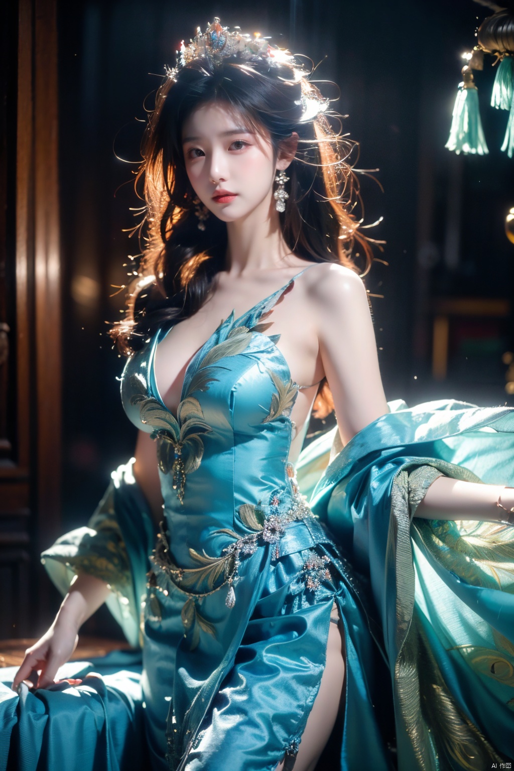 Masterpiece, best quality, bust, a girl, Peacock princess, blue dress, exquisite face, sexy, white skin, medium chest, HD photography, (Peacock) , ((poakl)), 1girl,moyou, Light master