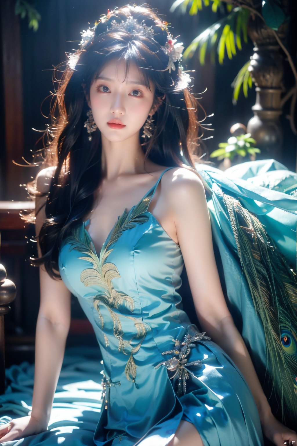 Masterpiece, best quality, bust, a girl, Peacock princess, blue dress, exquisite face, sexy, white skin, medium chest, HD photography, (Peacock) , ((poakl)), 1girl,moyou