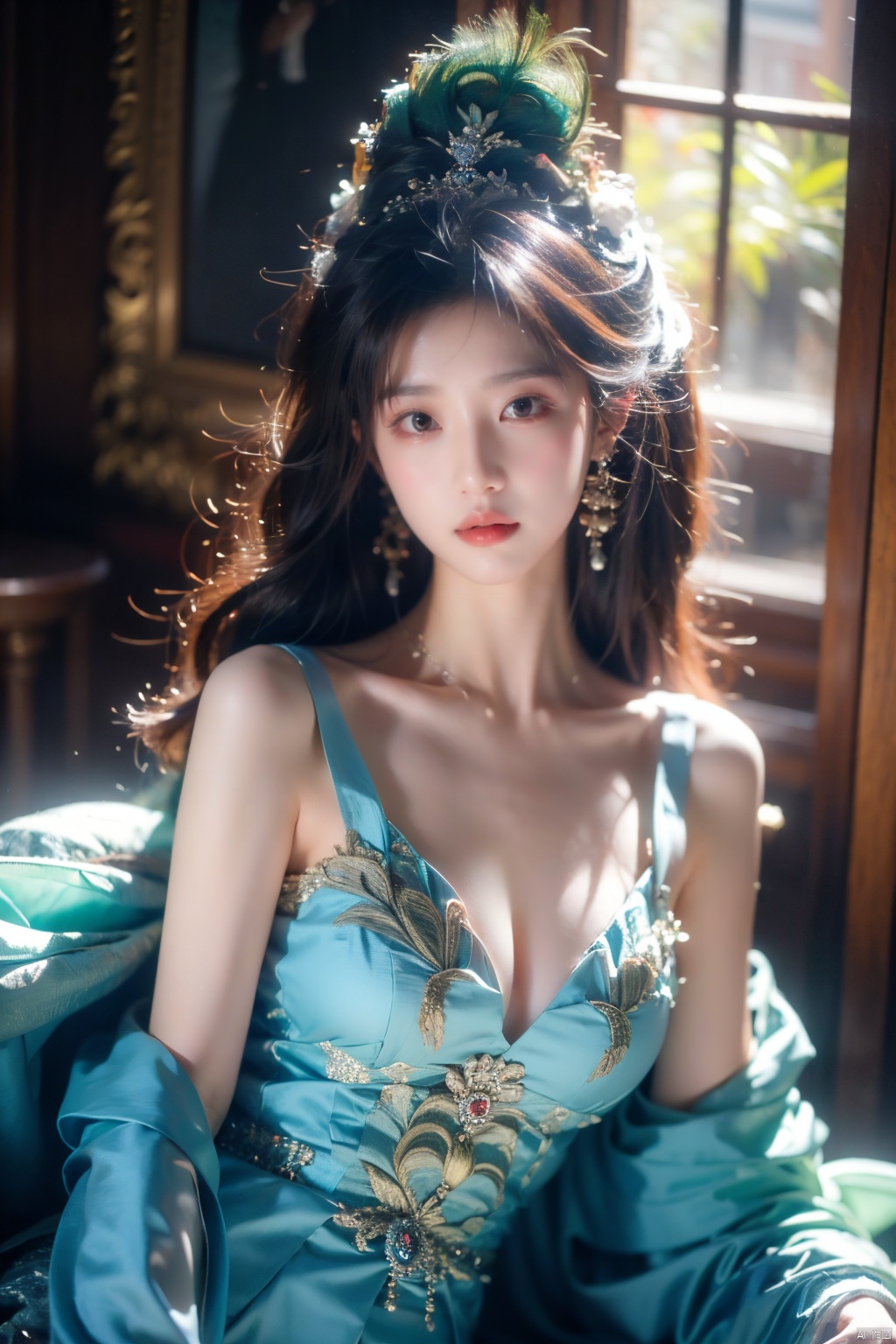 Masterpiece, best quality, bust, a girl, Peacock princess, blue dress, exquisite face, sexy, white skin, medium chest, HD photography, (Peacock) , ((poakl)), 1girl,moyou, Light master