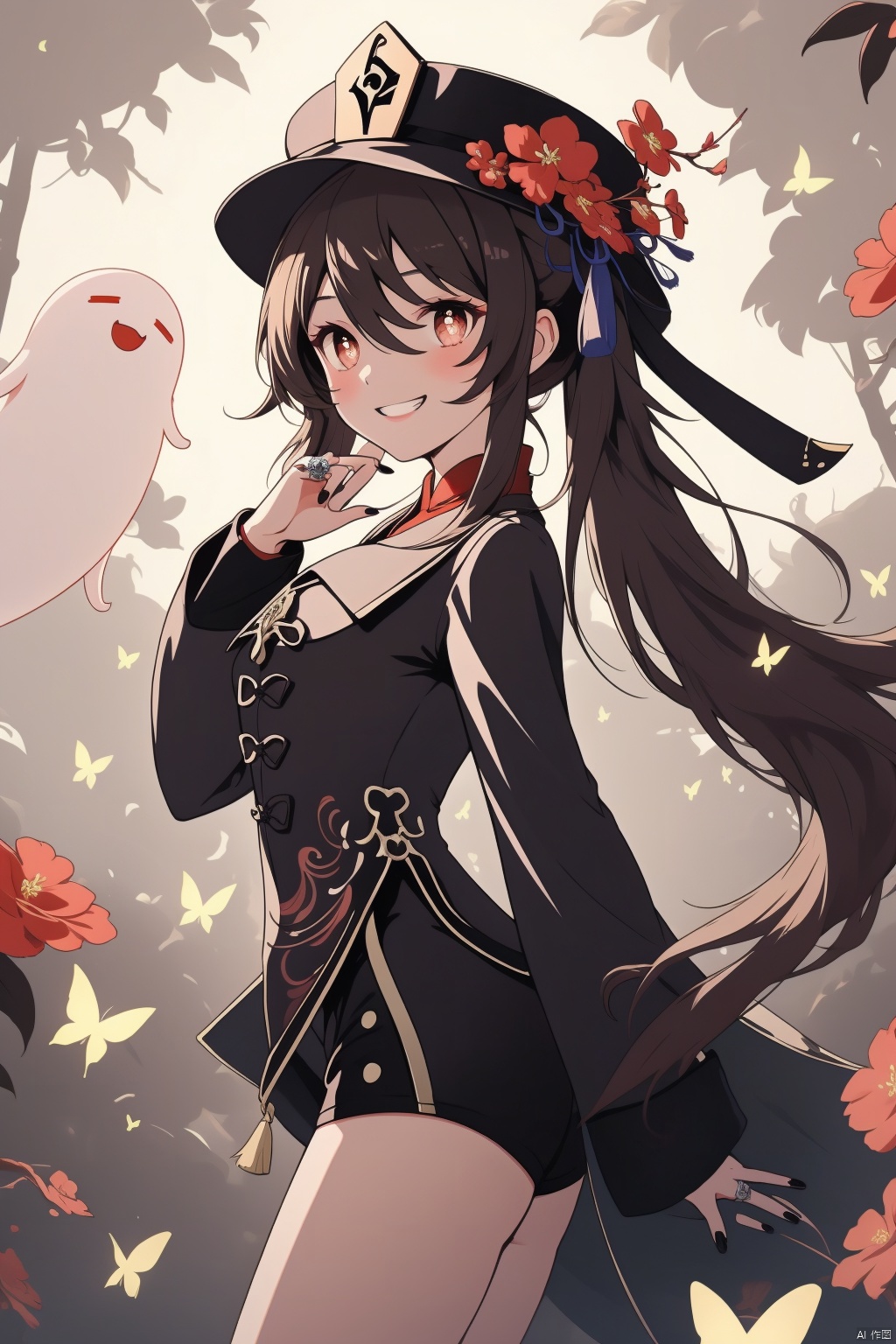 hu tao, 1girl, hu tao \(genshin impact\), boo tao \(genshin impact\), shorts, hat, ghost, smile, flower, brown hair, jewelry, twintails, long hair, black shorts, ring, long sleeves, looking at viewer, solo, symbol-shaped pupils, hat flower, black headwear, butterfly, short shorts, bug, plum blossoms, red eyes, black nails, chinese clothes, very long hair, nail polish, thighs, cowboy shot, shirt, hair between eyes, bangs, grin, flower-shaped pupils