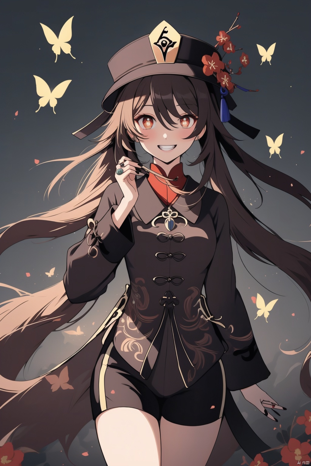 hu tao, 1girl, hu tao \(genshin impact\), boo tao \(genshin impact\), shorts, hat, ghost, smile, flower, brown hair, jewelry, twintails, long hair, black shorts, ring, long sleeves, looking at viewer, solo, symbol-shaped pupils, hat flower, black headwear, butterfly, short shorts, bug, plum blossoms, red eyes, black nails, chinese clothes, very long hair, nail polish, thighs, cowboy shot, shirt, hair between eyes, bangs, grin, flower-shaped pupils