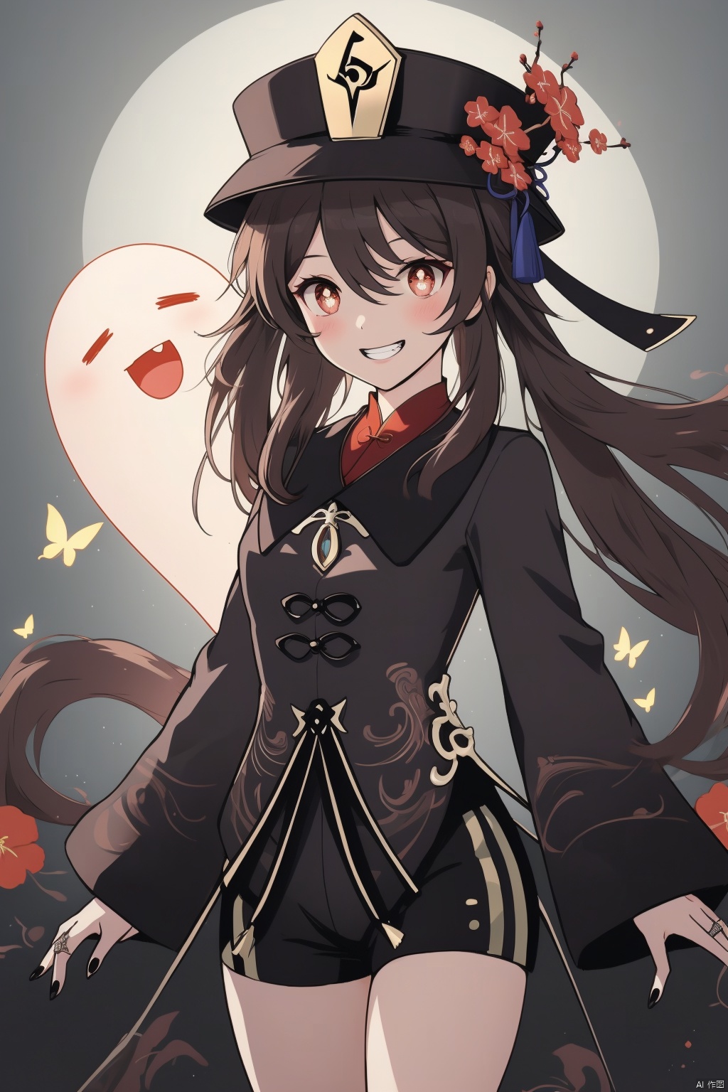 hu tao, 1girl, hu tao \(genshin impact\), boo tao \(genshin impact\), shorts, hat, ghost, smile, flower, brown hair, jewelry, twintails, long hair, black shorts, ring, long sleeves, looking at viewer, solo, symbol-shaped pupils, hat flower, black headwear, butterfly, short shorts, bug, plum blossoms, red eyes, black nails, chinese clothes, very long hair, nail polish, thighs, cowboy shot, shirt, hair between eyes, bangs, grin, flower-shaped pupils
