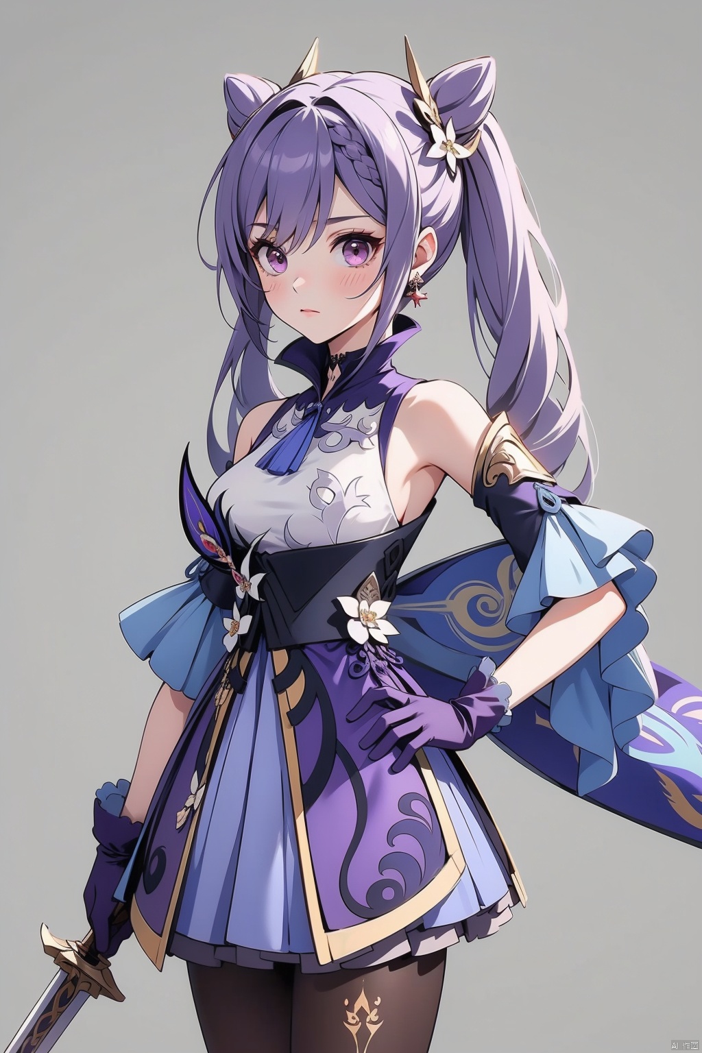 keqing, 1girl, solo, keqing \(genshin impact\), purple hair, twintails, pantyhose, hair bun, gloves, weapon, white background, looking at viewer, cone hair bun, long hair, brown pantyhose, hair ornament, purple eyes, holding, breasts, hand on hip, dress, sword, simple background, bare shoulders, detached sleeves, holding weapon, bangs, medium breasts, closed mouth, purple dress, frills, holding sword, braid, blush, cowboy shot, very long hair, hair between eyes, earrings, standing, flower, jewelry, armpits, frilled dress, sleeveless, black pantyhose, purple gloves