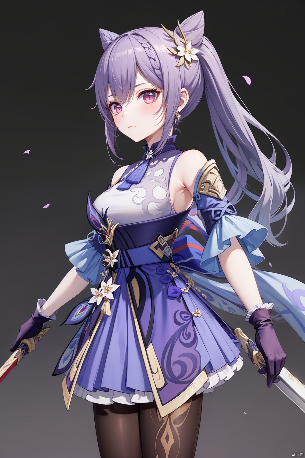 keqing, 1girl, solo, keqing \(genshin impact\), purple hair, twintails, pantyhose, hair bun, gloves, weapon, white background, looking at viewer, cone hair bun, long hair, brown pantyhose, hair ornament, purple eyes, holding, breasts, hand on hip, dress, sword, simple background, bare shoulders, detached sleeves, holding weapon, bangs, medium breasts, closed mouth, purple dress, frills, holding sword, braid, blush, cowboy shot, very long hair, hair between eyes, earrings, standing, flower, jewelry, armpits, frilled dress, sleeveless, black pantyhose, purple gloves