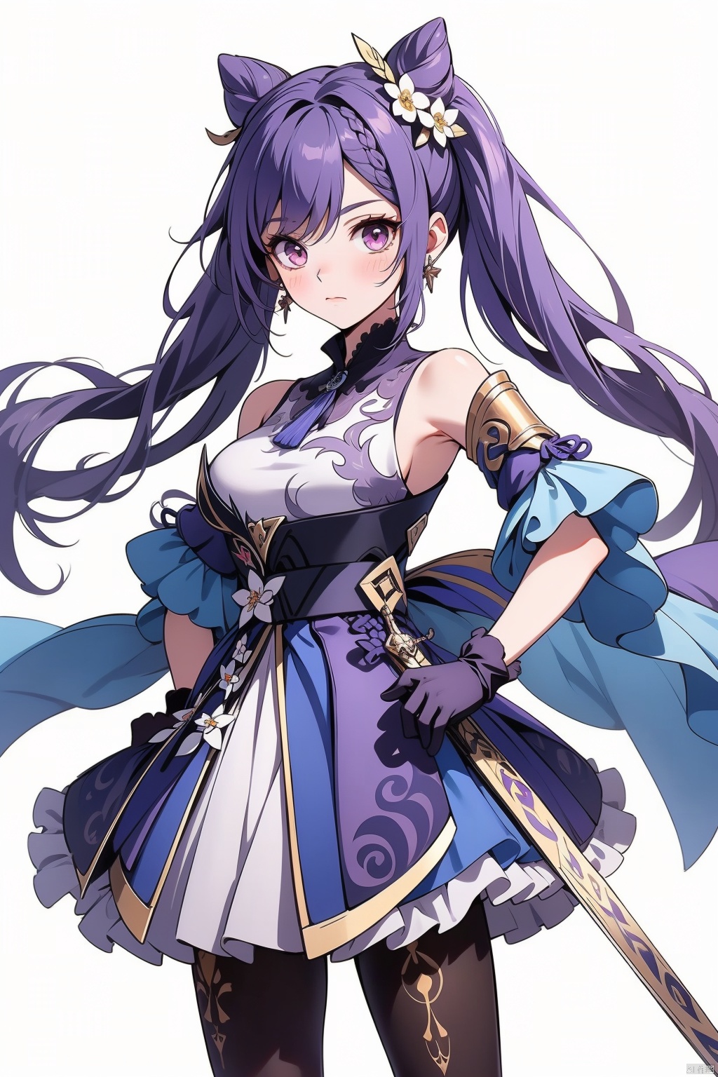 keqing, 1girl, solo, keqing \(genshin impact\), purple hair, twintails, pantyhose, hair bun, gloves, weapon, white background, looking at viewer, cone hair bun, long hair, brown pantyhose, hair ornament, purple eyes, holding, breasts, hand on hip, dress, sword, simple background, bare shoulders, detached sleeves, holding weapon, bangs, medium breasts, closed mouth, purple dress, frills, holding sword, braid, blush, cowboy shot, very long hair, hair between eyes, earrings, standing, flower, jewelry, armpits, frilled dress, sleeveless, black pantyhose, purple gloves