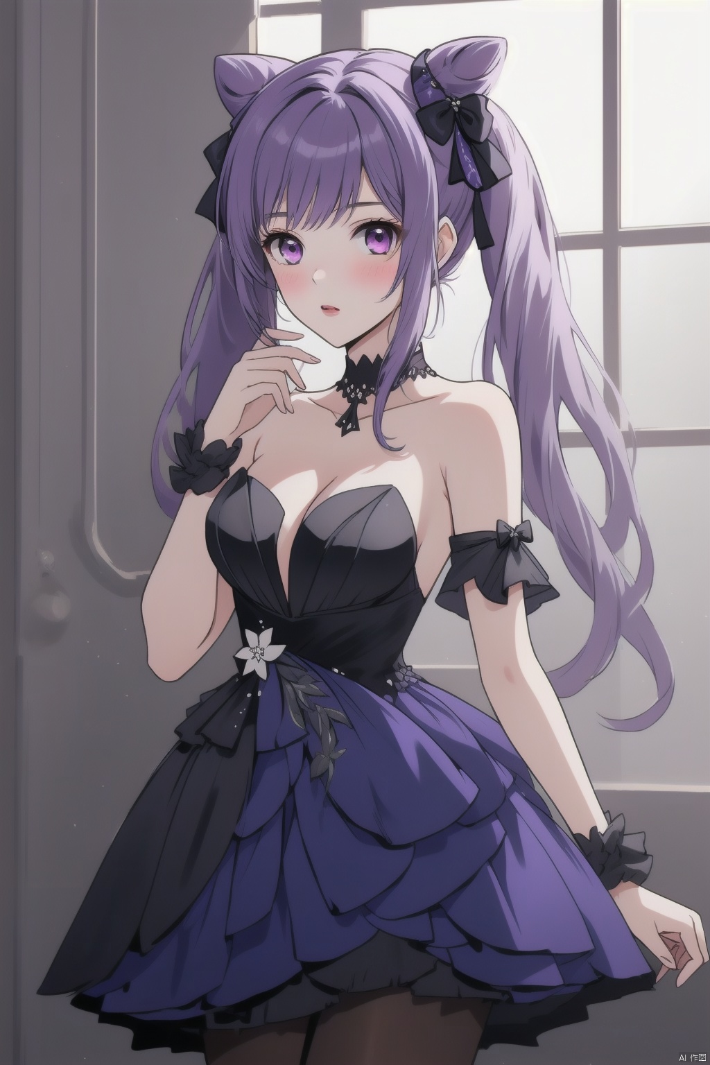 keqing, 1girl, keqing \(genshin impact\), breasts, solo, pantyhose, dress, purple hair, cleavage, hair bun, twintails, long hair, bare shoulders, looking at viewer, black dress, purple eyes, medium breasts, cone hair bun, black pantyhose, strapless, official alternate costume, bangs, blush, hair ornament, strapless dress, bow, double bun, wrist cuffs, standing, hand up