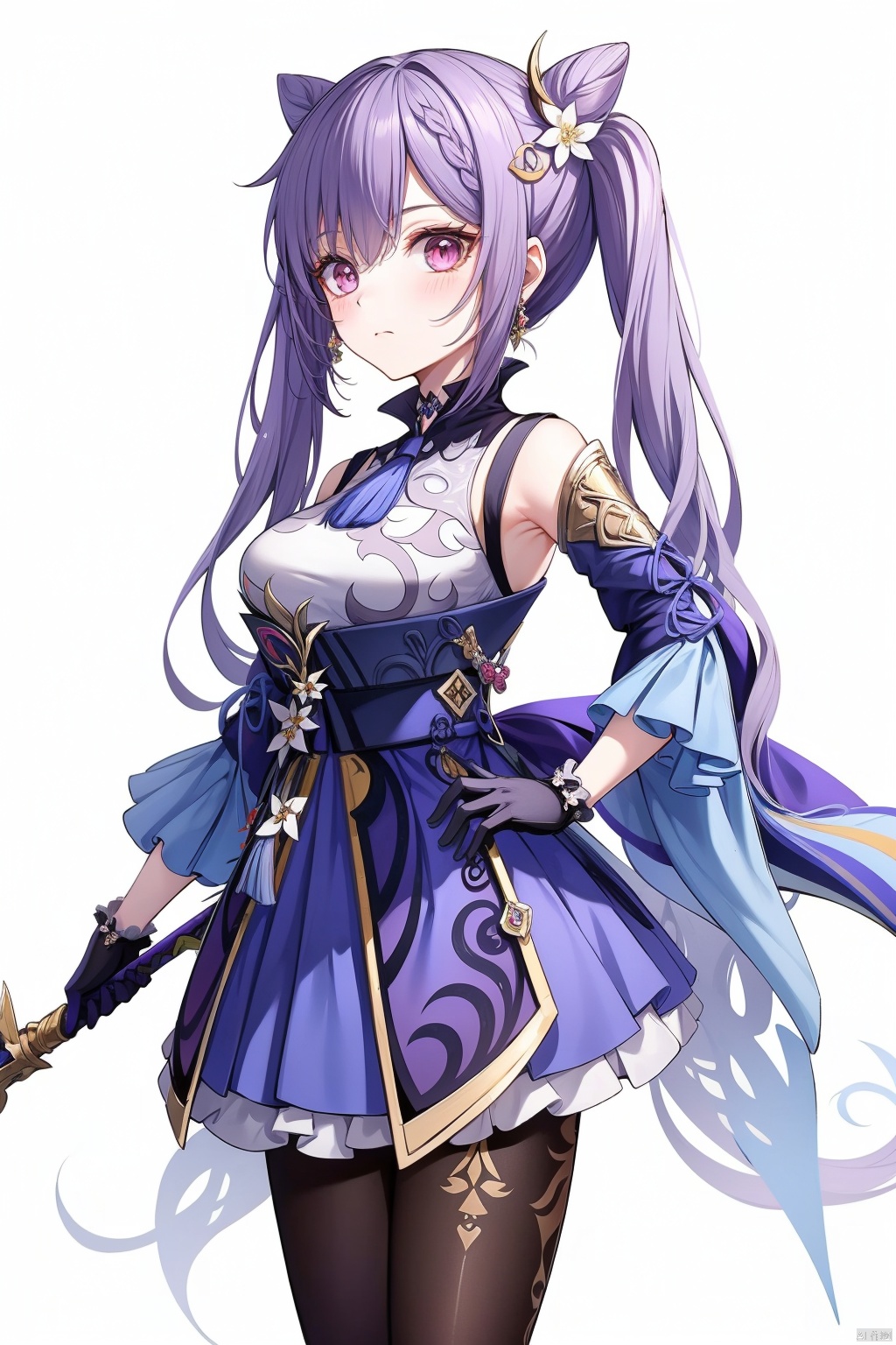 keqing, 1girl, solo, keqing \(genshin impact\), purple hair, twintails, pantyhose, hair bun, gloves, weapon, white background, looking at viewer, cone hair bun, long hair, brown pantyhose, hair ornament, purple eyes, holding, breasts, hand on hip, dress, sword, simple background, bare shoulders, detached sleeves, holding weapon, bangs, medium breasts, closed mouth, purple dress, frills, holding sword, braid, blush, cowboy shot, very long hair, hair between eyes, earrings, standing, flower, jewelry, armpits, frilled dress, sleeveless, black pantyhose, purple gloves