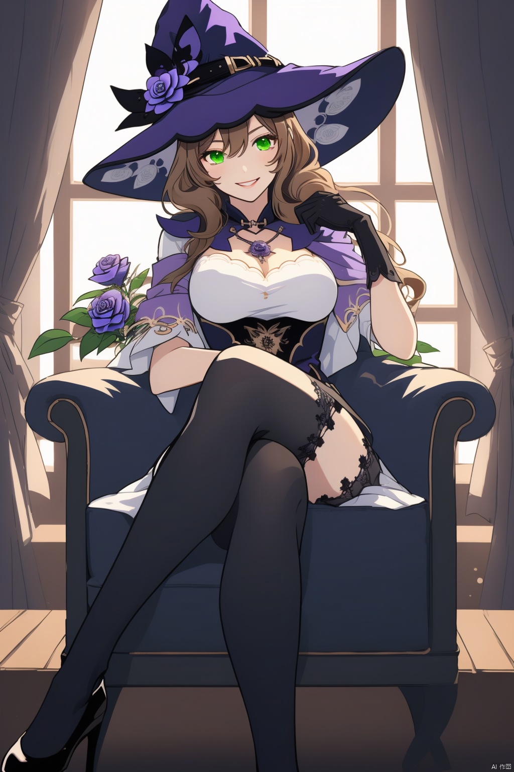 lisa, 1girl, witch hat, solo, breasts, crossed legs, lisa \(genshin impact\), hat, green eyes, gloves, thighhighs, sitting, teacup, flower, purple headwear, cleavage, looking at viewer, cup, large breasts, black thighhighs, brown hair, long hair, chair, dress, window, smile, indoors, rose, hair flower, bangs, black gloves, purple flower, hair ornament, hat flower, curtains, saucer, blue flower, hair between eyes, witch