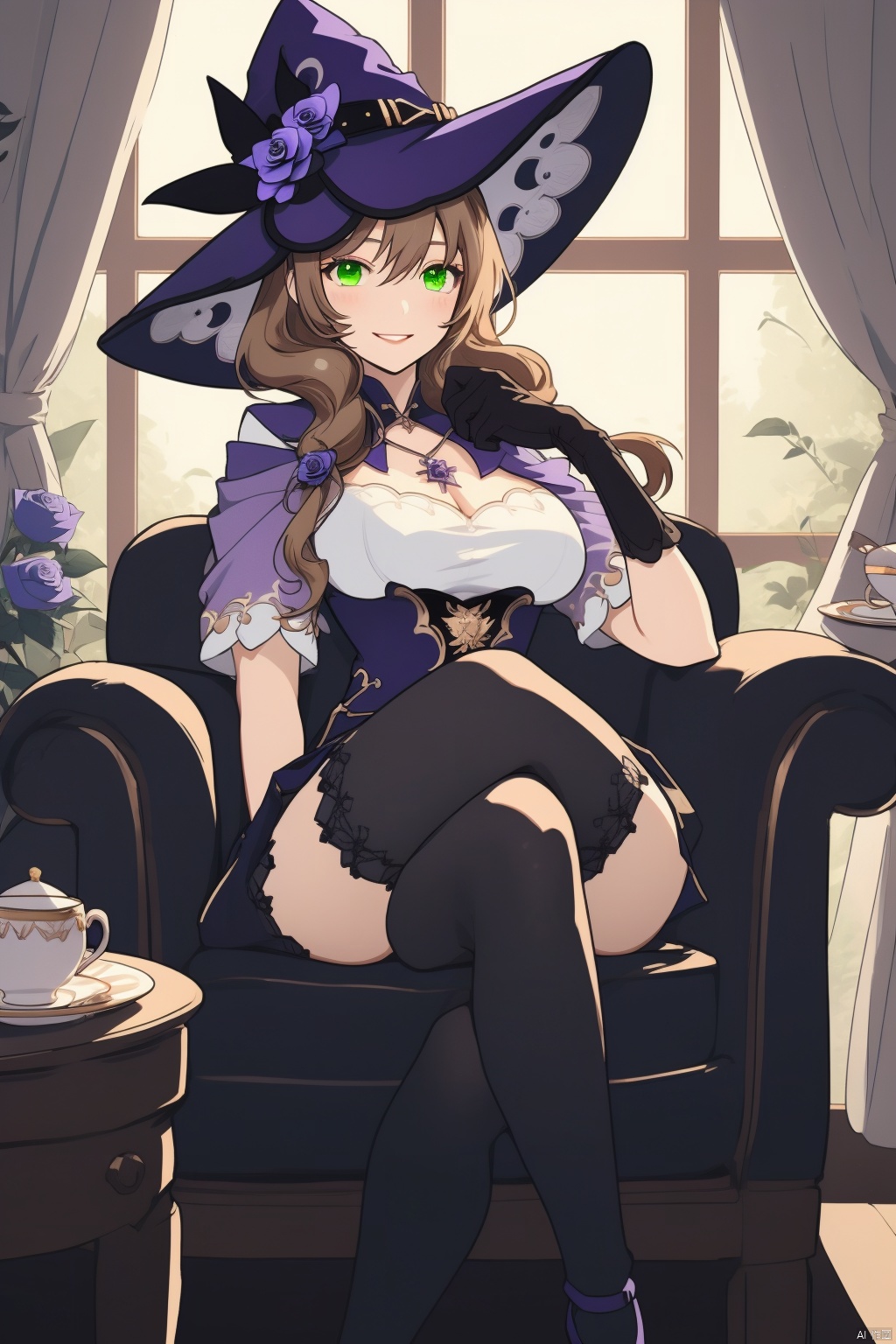 lisa, 1girl, witch hat, solo, breasts, crossed legs, lisa \(genshin impact\), hat, green eyes, gloves, thighhighs, sitting, teacup, flower, purple headwear, cleavage, looking at viewer, cup, large breasts, black thighhighs, brown hair, long hair, chair, dress, window, smile, indoors, rose, hair flower, bangs, black gloves, purple flower, hair ornament, hat flower, curtains, saucer, blue flower, hair between eyes, witch