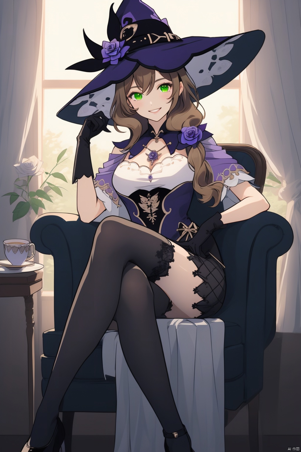 lisa, 1girl, witch hat, solo, breasts, crossed legs, lisa \(genshin impact\), hat, green eyes, gloves, thighhighs, sitting, teacup, flower, purple headwear, cleavage, looking at viewer, cup, large breasts, black thighhighs, brown hair, long hair, chair, dress, window, smile, indoors, rose, hair flower, bangs, black gloves, purple flower, hair ornament, hat flower, curtains, saucer, blue flower, hair between eyes, witch