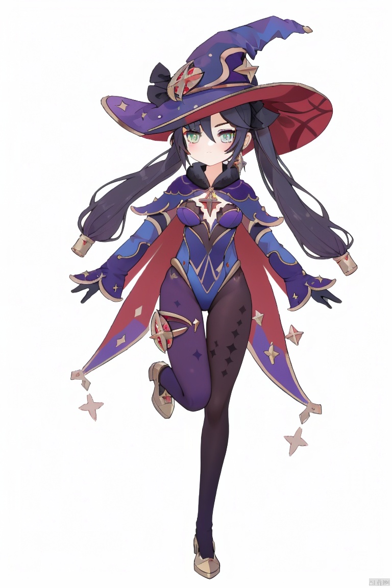  mona,masterpiece,best quality,1girl, solo, long hair, breasts, looking at viewer, bangs, simple background, black hair, gloves, hat, white background, hair between eyes, twintails, jewelry, medium breasts, closed mouth, green eyes, standing, full body, pantyhose, earrings, detached sleeves, black gloves, cape, leotard, black pantyhose, witch hat, standing on one leg, blue headwear, bodystocking, blue leotard, thighlet, purple headwear, mona \(genshin impact\)
