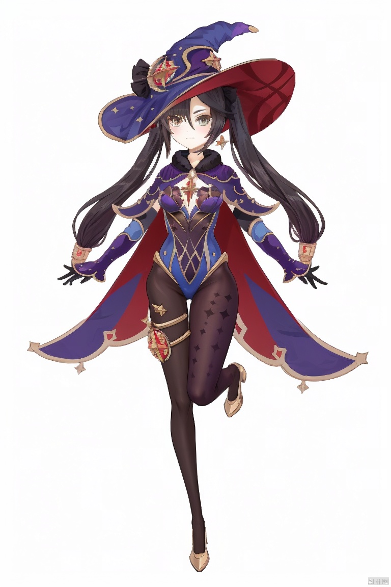  mona,masterpiece,best quality,1girl, solo, long hair, breasts, looking at viewer, bangs, simple background, black hair, gloves, hat, white background, hair between eyes, twintails, jewelry, medium breasts, closed mouth, green eyes, standing, full body, pantyhose, earrings, detached sleeves, black gloves, cape, leotard, black pantyhose, witch hat, standing on one leg, blue headwear, bodystocking, blue leotard, thighlet, purple headwear, mona \(genshin impact\)
