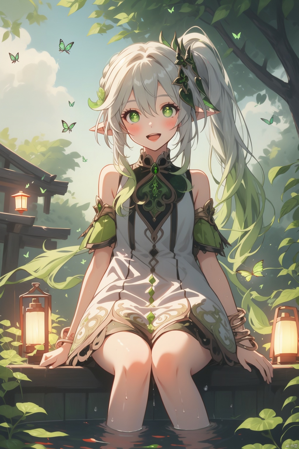 nahida, 1girl, nahida \(genshin impact\), solo, dress, green eyes, pointy ears, white hair, outdoors, multicolored hair, white dress, sitting, water, side ponytail, gradient hair, sleeveless dress, sleeveless, hair ornament, long hair, plant, jewelry, bracelet, looking at viewer, symbol-shaped pupils, cross-shaped pupils, soaking feet, smile, tree, green hair, lantern, bangs, leaf, day, bug, butterfly, blush, feet out of frame, nature, floating hair, green gemstone, open mouth, sidelocks, bare shoulders, braid, colored tips, cape, leaf hair ornament, parted lips, armlet, detached sleeves, hair between eyes