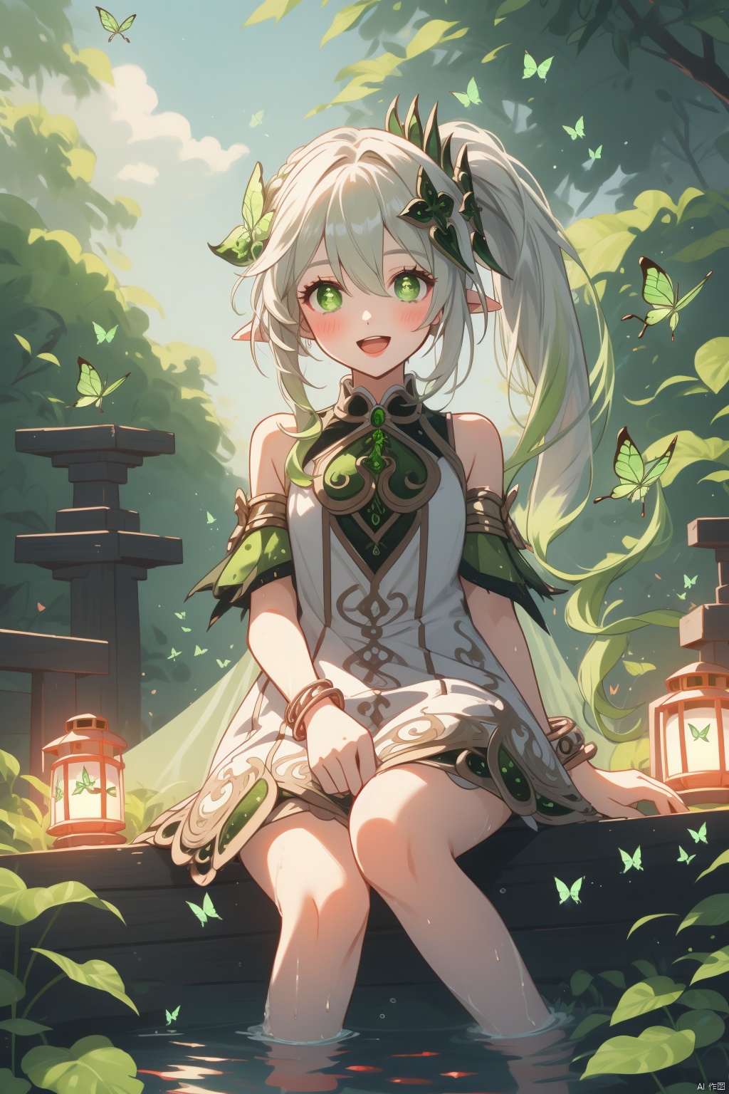 nahida, 1girl, nahida \(genshin impact\), solo, dress, green eyes, pointy ears, white hair, outdoors, multicolored hair, white dress, sitting, water, side ponytail, gradient hair, sleeveless dress, sleeveless, hair ornament, long hair, plant, jewelry, bracelet, looking at viewer, symbol-shaped pupils, cross-shaped pupils, soaking feet, smile, tree, green hair, lantern, bangs, leaf, day, bug, butterfly, blush, feet out of frame, nature, floating hair, green gemstone, open mouth, sidelocks, bare shoulders, braid, colored tips, cape, leaf hair ornament, parted lips, armlet, detached sleeves, hair between eyes