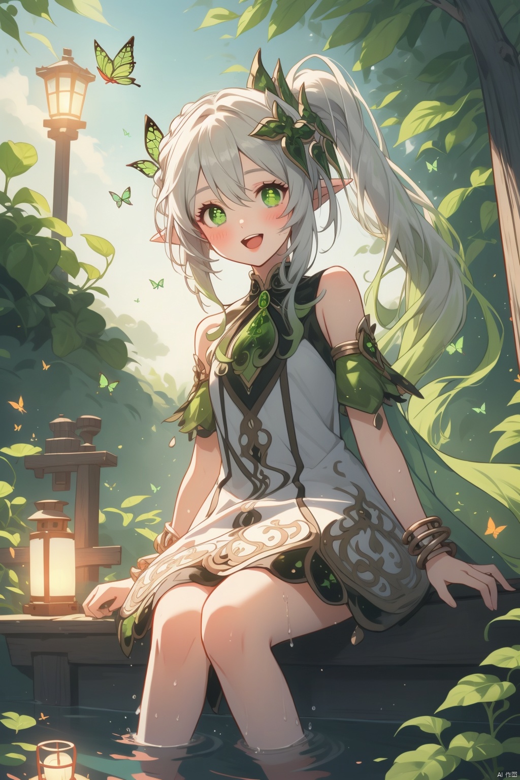 nahida, 1girl, nahida \(genshin impact\), solo, dress, green eyes, pointy ears, white hair, outdoors, multicolored hair, white dress, sitting, water, side ponytail, gradient hair, sleeveless dress, sleeveless, hair ornament, long hair, plant, jewelry, bracelet, looking at viewer, symbol-shaped pupils, cross-shaped pupils, soaking feet, smile, tree, green hair, lantern, bangs, leaf, day, bug, butterfly, blush, feet out of frame, nature, floating hair, green gemstone, open mouth, sidelocks, bare shoulders, braid, colored tips, cape, leaf hair ornament, parted lips, armlet, detached sleeves, hair between eyes