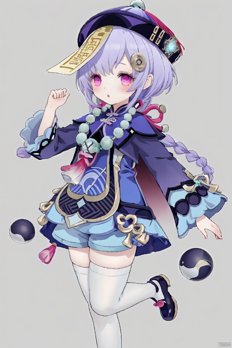 qiqi, 1girl, qiqi \(genshin impact\), thighhighs, solo, hat, purple eyes, braid, white thighhighs, long sleeves, purple hair, qing guanmao, hair ornament, purple headwear, jewelry, ofuda, beads, wide sleeves, bead necklace, vision \(genshin impact\), necklace, long hair, blush, purple jacket, looking at viewer, dress, snowflakes, jiangshi, parted lips, bangs, standing on one leg, shoes, yin yang, single braid, coin hair ornament, cropped jacket, shorts, :o