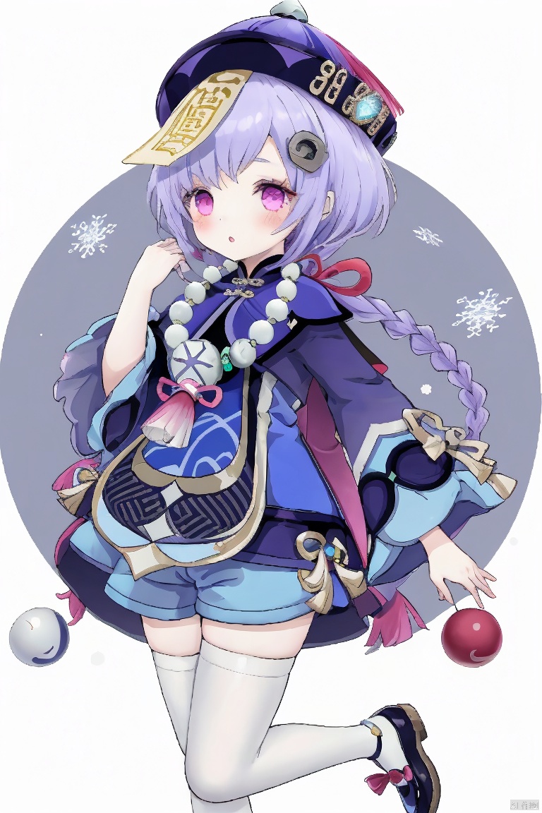 qiqi, 1girl, qiqi \(genshin impact\), thighhighs, solo, hat, purple eyes, braid, white thighhighs, long sleeves, purple hair, qing guanmao, hair ornament, purple headwear, jewelry, ofuda, beads, wide sleeves, bead necklace, vision \(genshin impact\), necklace, long hair, blush, purple jacket, looking at viewer, dress, snowflakes, jiangshi, parted lips, bangs, standing on one leg, shoes, yin yang, single braid, coin hair ornament, cropped jacket, shorts, :o