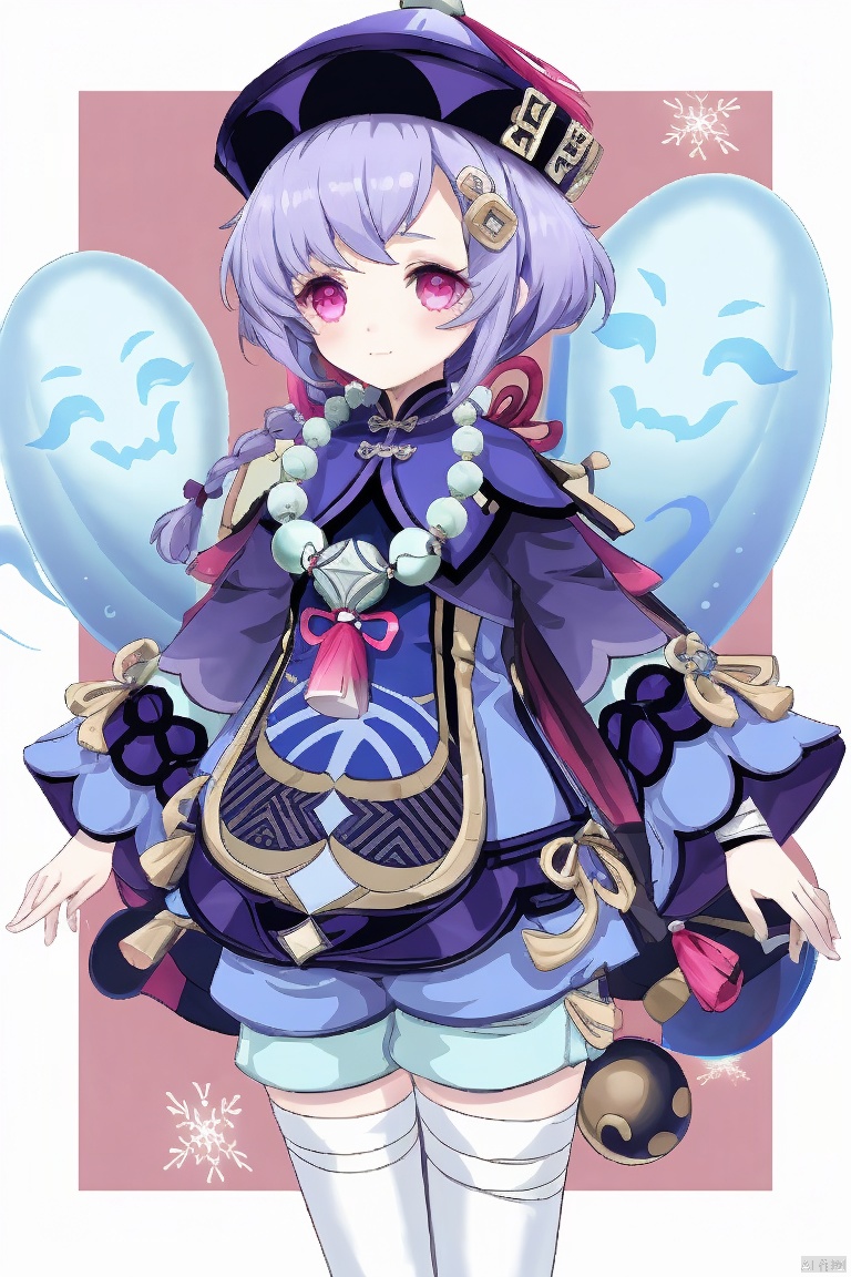 qiqi, 1girl, qiqi \(genshin impact\), hat, necklace, beads, jewelry, snowflakes, bead necklace, purple hair, thighhighs, long sleeves, solo, hair ornament, braid, bangs, ghost, long hair, wide sleeves, purple eyes, shorts, qing guanmao, coin hair ornament, bandages, purple headwear, tassel, full body, vision \(genshin impact\), jiangshi, closed mouth, white thighhighs, looking at viewer, dress