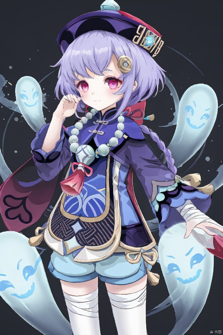 qiqi, 1girl, qiqi \(genshin impact\), hat, necklace, beads, jewelry, snowflakes, bead necklace, purple hair, thighhighs, long sleeves, solo, hair ornament, braid, bangs, ghost, long hair, wide sleeves, purple eyes, shorts, qing guanmao, coin hair ornament, bandages, purple headwear, tassel, full body, vision \(genshin impact\), jiangshi, closed mouth, white thighhighs, looking at viewer, dress