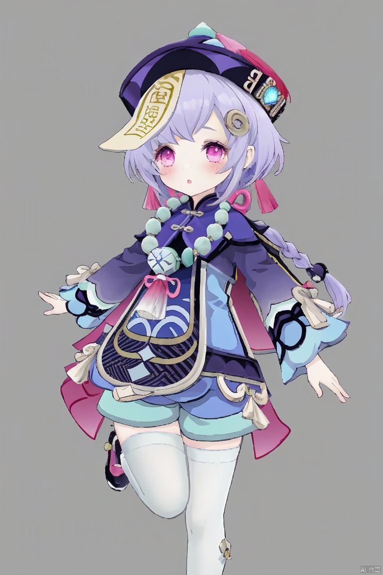 qiqi, 1girl, qiqi \(genshin impact\), thighhighs, solo, hat, purple eyes, braid, white thighhighs, long sleeves, purple hair, qing guanmao, hair ornament, purple headwear, jewelry, ofuda, beads, wide sleeves, bead necklace, vision \(genshin impact\), necklace, long hair, blush, purple jacket, looking at viewer, dress, snowflakes, jiangshi, parted lips, bangs, standing on one leg, shoes, yin yang, single braid, coin hair ornament, cropped jacket, shorts, :o, kirara, qiqi