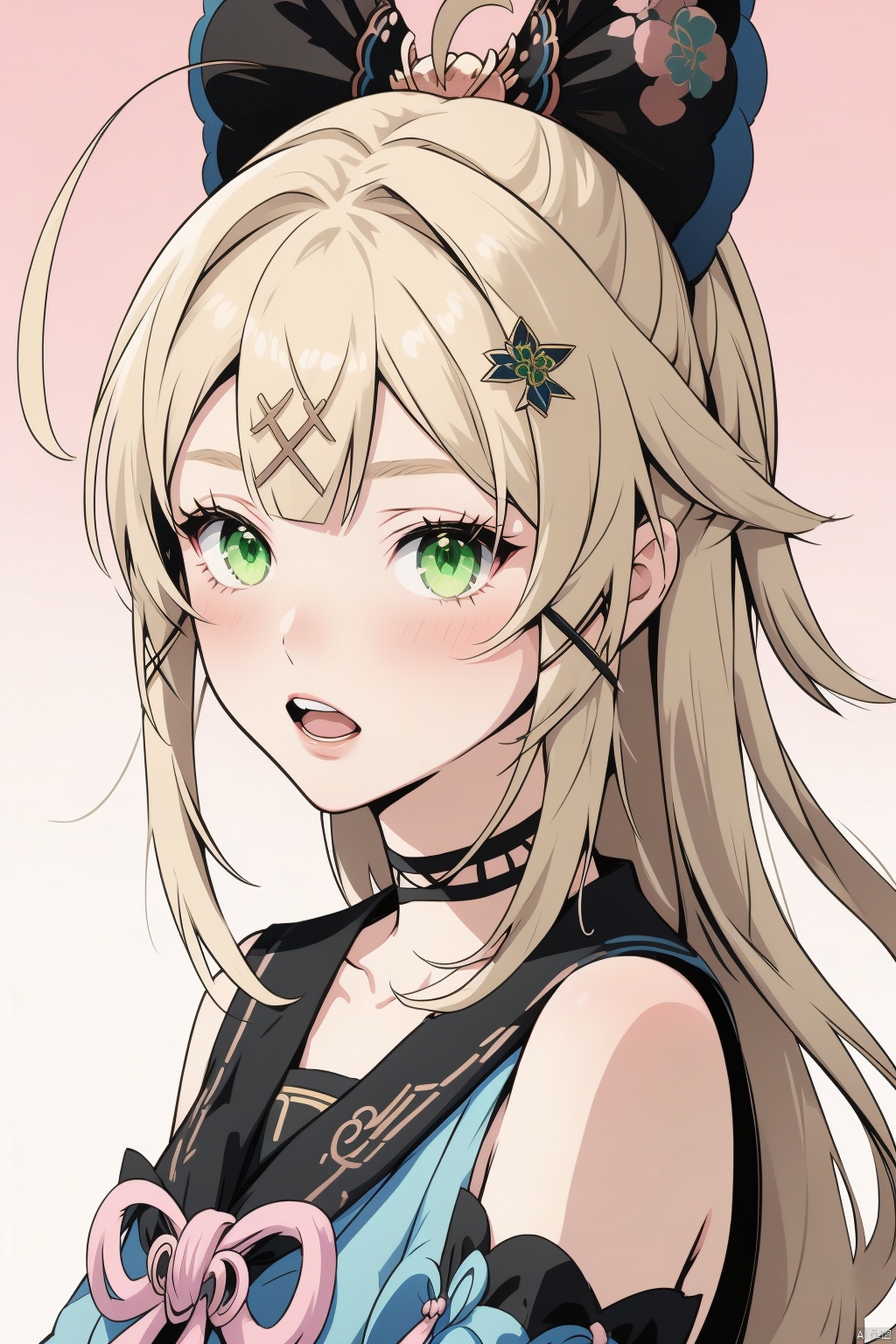 kirara, 1girl, solo, green eyes, long hair, open mouth, looking at viewer, virtual youtuber, hair ornament, ahoge, bangs, choker, blonde hair, bare shoulders, simple background, pink background, blush, teeth, hair between eyes, portrait, collarbone, gradient