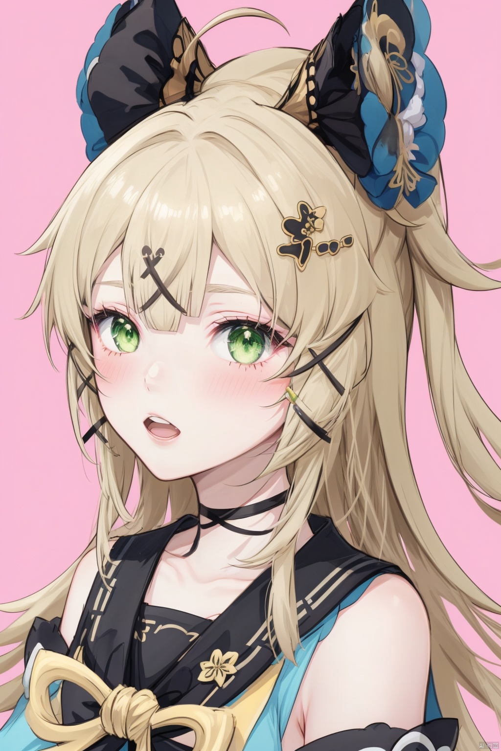 kirara, 1girl, solo, green eyes, long hair, open mouth, looking at viewer, virtual youtuber, hair ornament, ahoge, bangs, choker, blonde hair, bare shoulders, simple background, pink background, blush, teeth, hair between eyes, portrait, collarbone, gradient