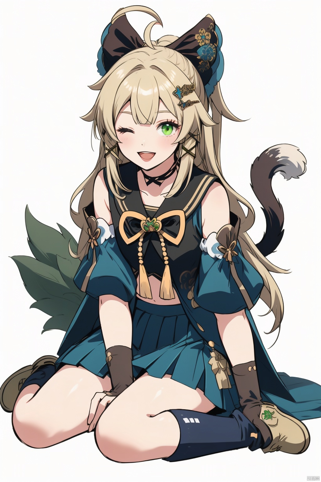 kirara, 1girl, one eye closed, solo, sitting, green eyes, long hair, wariza, looking at viewer, skirt, blonde hair, open mouth, hair ornament, midriff, smile, navel, ahoge, bow, tail, bangs, detached sleeves, animal ears, pleated skirt, full body, hairclip, crop top, socks, choker, blue skirt, white background, hair bow, gloves, paw pose