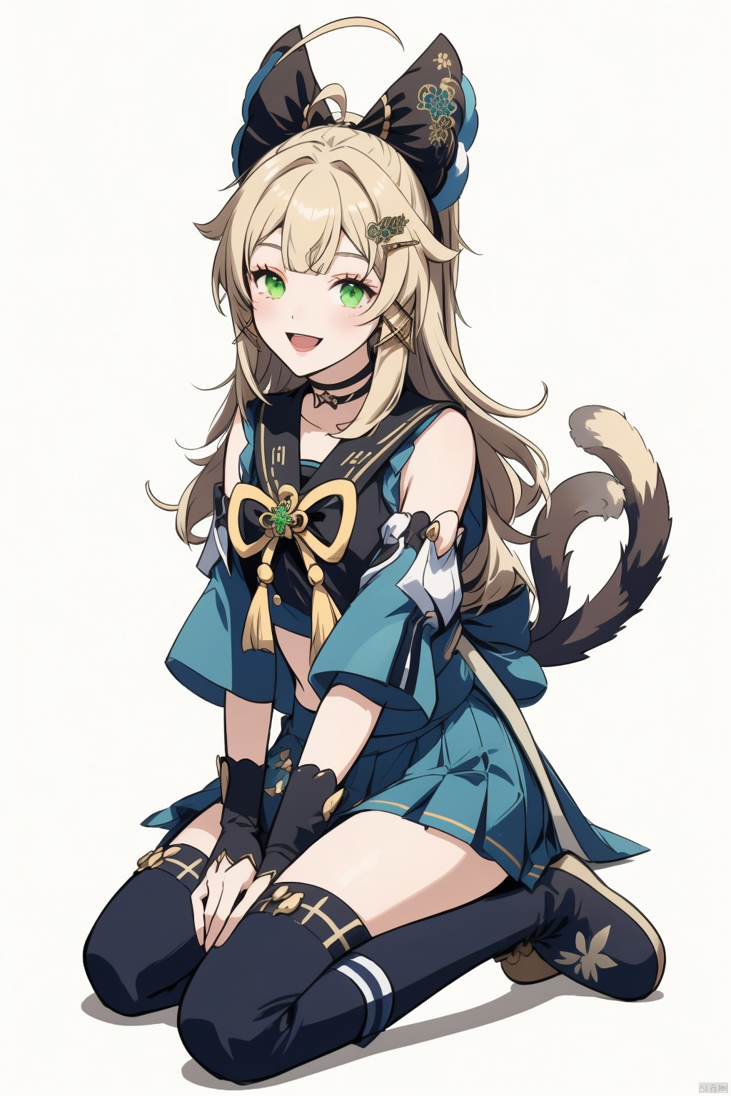 kirara, 1girl, one eye closed, solo, sitting, green eyes, long hair, wariza, looking at viewer, skirt, blonde hair, open mouth, hair ornament, midriff, smile, navel, ahoge, bow, tail, bangs, detached sleeves, animal ears, pleated skirt, full body, hairclip, crop top, socks, choker, blue skirt, white background, hair bow, gloves, paw pose