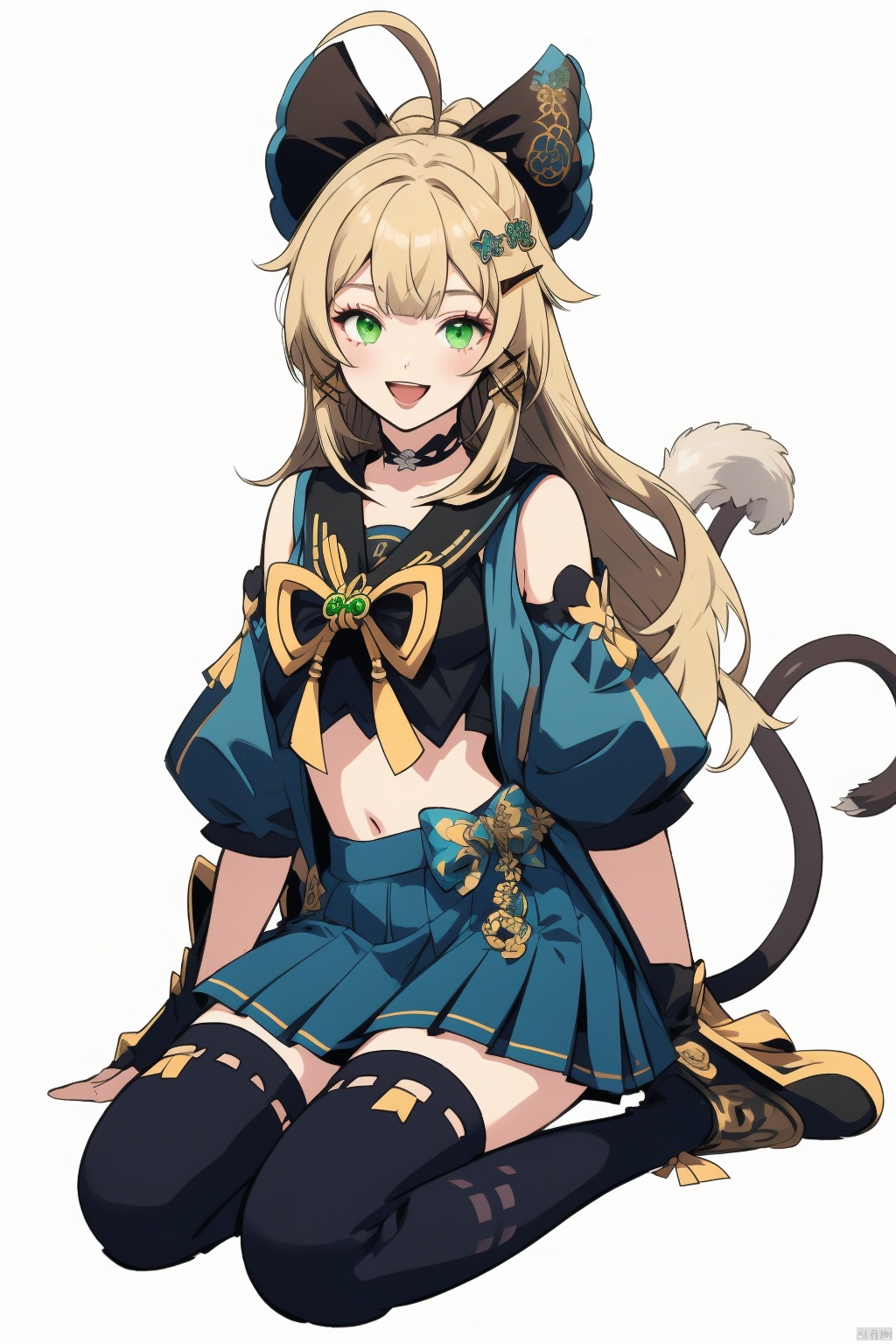 kirara, 1girl, one eye closed, solo, sitting, green eyes, long hair, wariza, looking at viewer, skirt, blonde hair, open mouth, hair ornament, midriff, smile, navel, ahoge, bow, tail, bangs, detached sleeves, animal ears, pleated skirt, full body, hairclip, crop top, socks, choker, blue skirt, white background, hair bow, gloves, paw pose