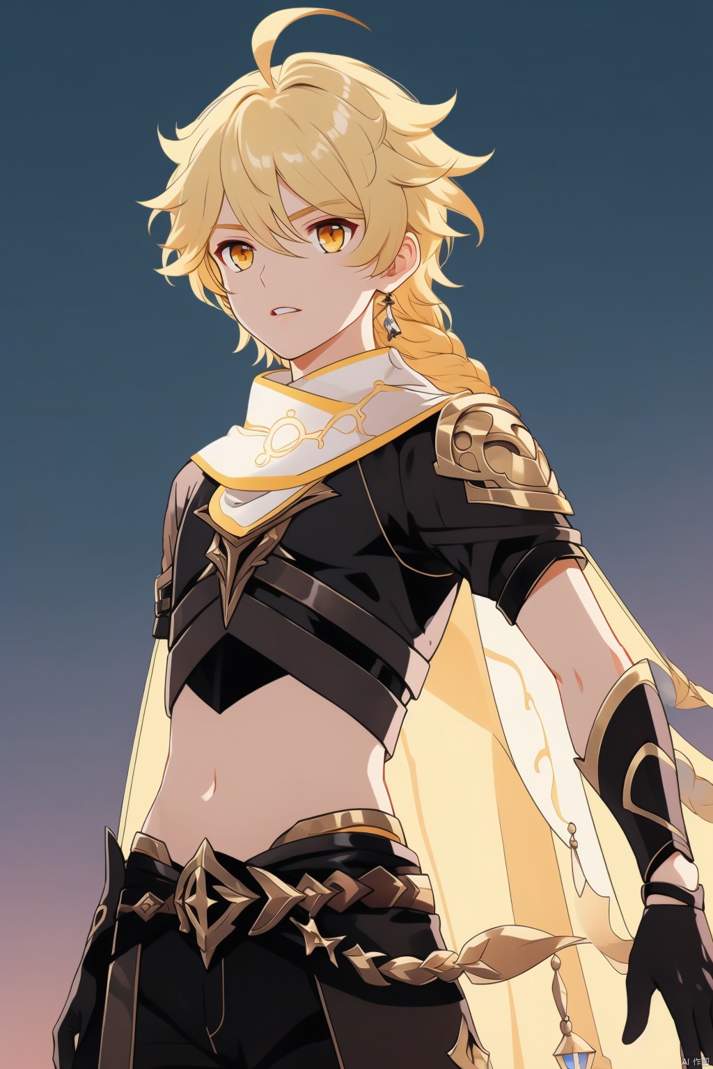 aether, aether \(genshin impact\), 1boy, male focus, blonde hair, braid, jewelry, single earring, earrings, long hair, gloves, navel, solo, yellow eyes, ahoge, bangs, parted lips, single braid, midriff, looking at viewer, hair between eyes, scarf, cape, pants, black gloves, black pants, short sleeves, night, crop top