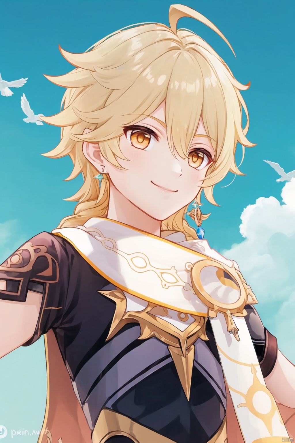 aether, 1boy, aether \(genshin impact\), blonde hair, male focus, gloves, earrings, braid, jewelry, single earring, ahoge, bird, yellow eyes, hair between eyes, solo, long hair, bangs, black gloves, sky, looking at viewer, single braid, upper body, closed mouth, smile, short sleeves, twitter username, scarf