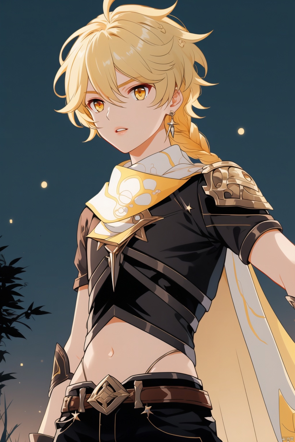 aether, aether \(genshin impact\), 1boy, male focus, blonde hair, braid, jewelry, single earring, earrings, long hair, gloves, navel, solo, yellow eyes, ahoge, bangs, parted lips, single braid, midriff, looking at viewer, hair between eyes, scarf, cape, pants, black gloves, black pants, short sleeves, night, crop top