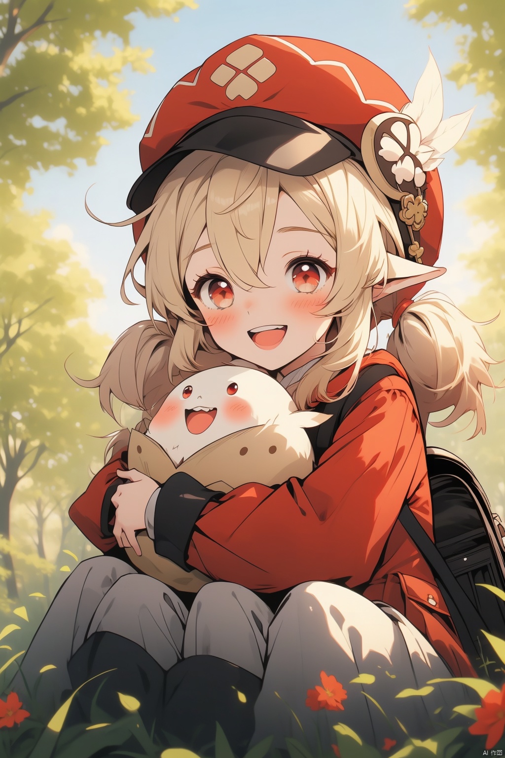 klee, 1girl, klee \(genshin impact\), hat, bag, red eyes, smile, solo, red dress, dress, hat feather, blush, bangs, open mouth, long sleeves, red headwear, backpack, sitting, dodoco \(genshin impact\), outdoors, twintails, blonde hair, looking at viewer, hair between eyes, pointy ears, :d, upper teeth only, feathers, teeth, tree, low twintails, cabbie hat, brown bag, long hair, day, white feathers, sidelocks, eyelashes, object hug, blurry, holding, jumpy dumpty
