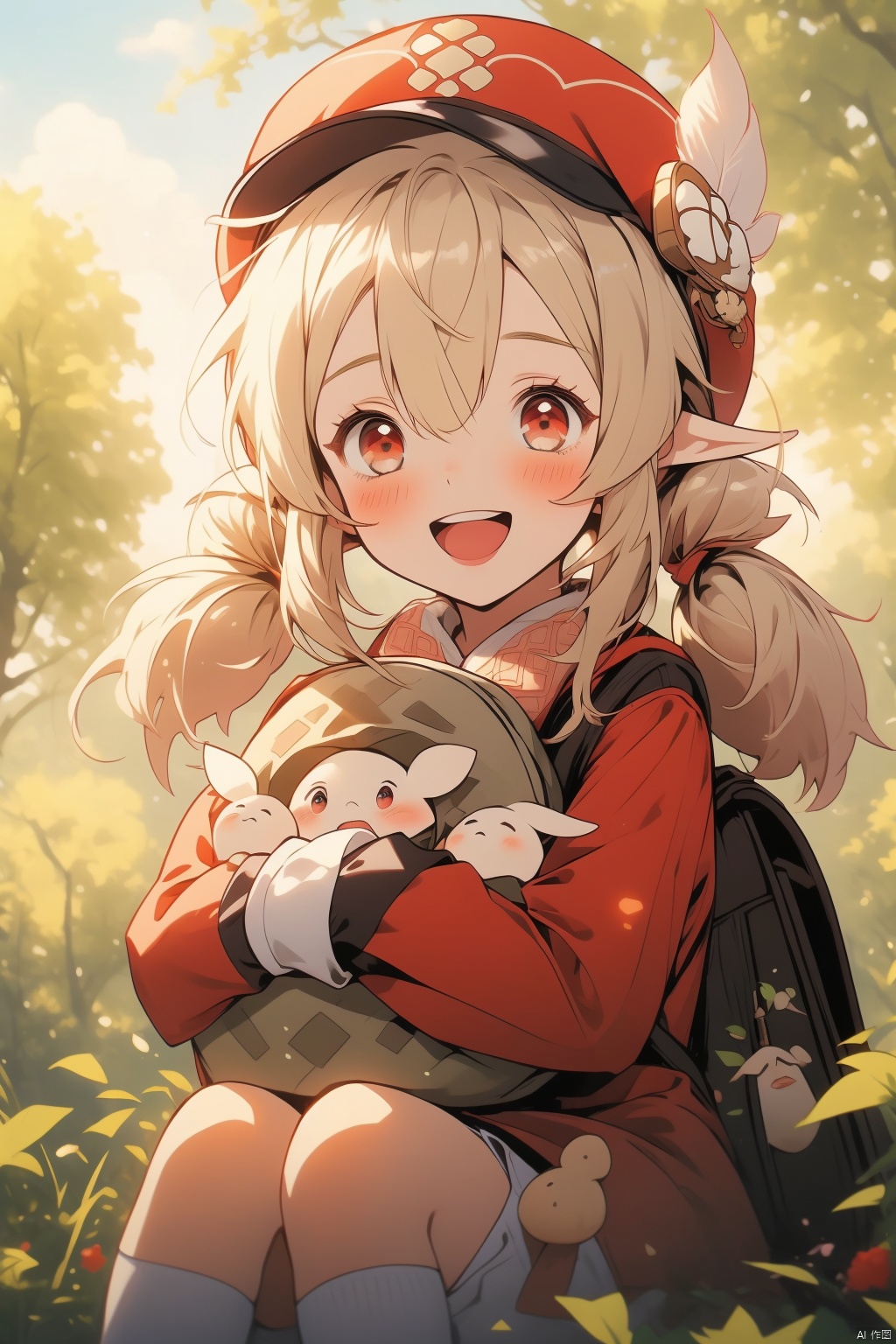 klee, 1girl, klee \(genshin impact\), hat, bag, red eyes, smile, solo, red dress, dress, hat feather, blush, bangs, open mouth, long sleeves, red headwear, backpack, sitting, dodoco \(genshin impact\), outdoors, twintails, blonde hair, looking at viewer, hair between eyes, pointy ears, :d, upper teeth only, feathers, teeth, tree, low twintails, cabbie hat, brown bag, long hair, day, white feathers, sidelocks, eyelashes, object hug, blurry, holding, jumpy dumpty