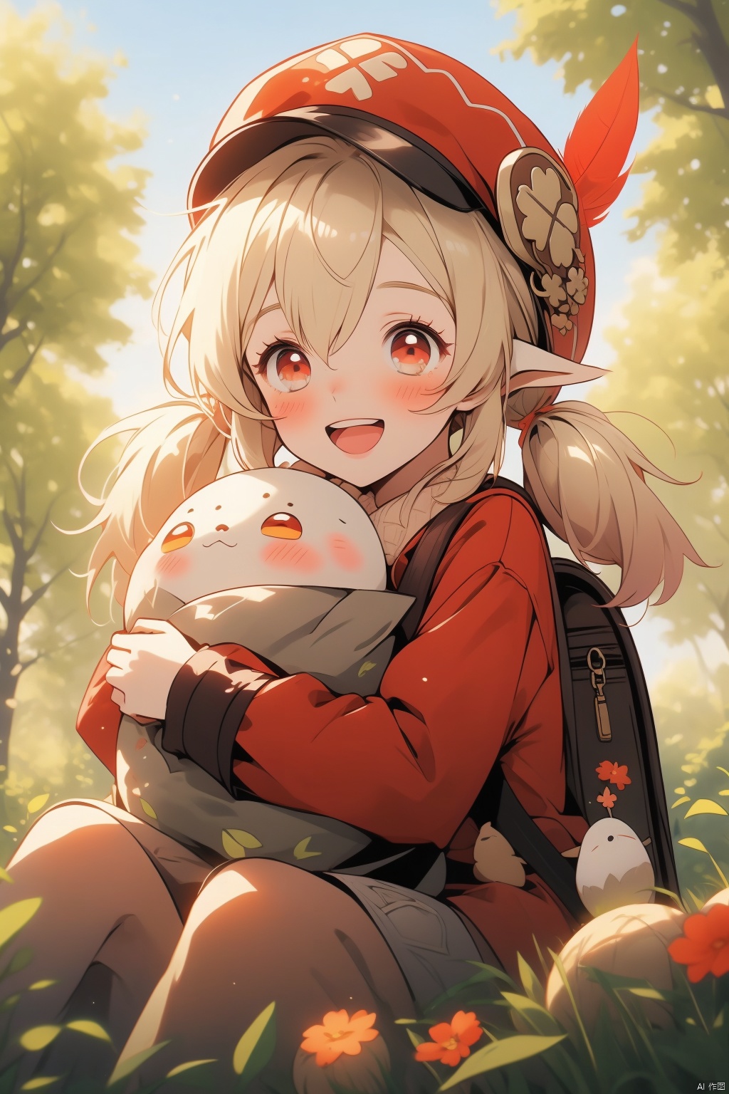 klee, 1girl, klee \(genshin impact\), hat, bag, red eyes, smile, solo, red dress, dress, hat feather, blush, bangs, open mouth, long sleeves, red headwear, backpack, sitting, dodoco \(genshin impact\), outdoors, twintails, blonde hair, looking at viewer, hair between eyes, pointy ears, :d, upper teeth only, feathers, teeth, tree, low twintails, cabbie hat, brown bag, long hair, day, white feathers, sidelocks, eyelashes, object hug, blurry, holding, jumpy dumpty