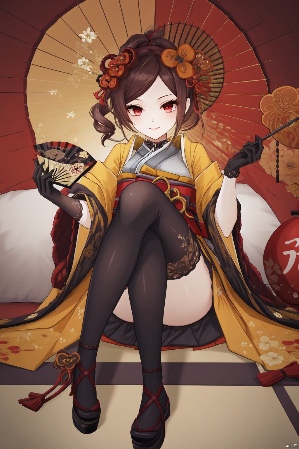 chiori, 1girl, hand fan, daruma doll, gloves, umbrella, thighhighs, maneki-neko, holding, solo, folding fan, japanese clothes, hair ornament, flower, sitting, black gloves, brown hair, kagami mochi, red eyes, looking at viewer, oil-paper umbrella, elbow gloves, holding umbrella, breasts, kimono, holding fan, ema, black thighhighs, hamaya, food, smile, new year