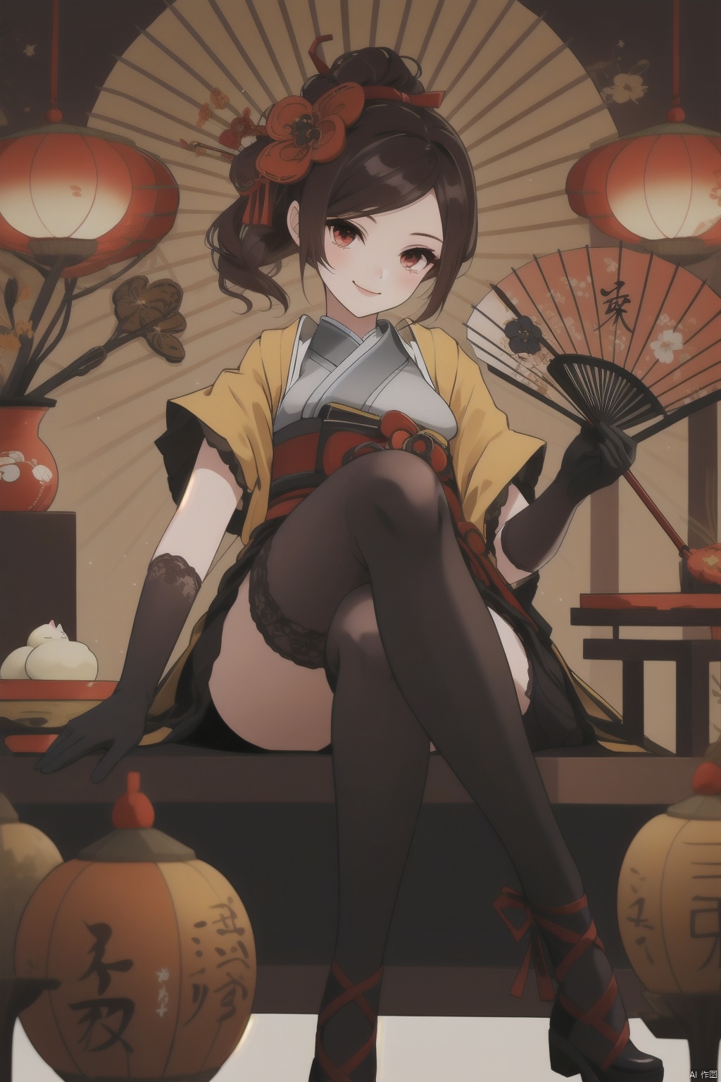 chiori, 1girl, hand fan, daruma doll, gloves, umbrella, thighhighs, maneki-neko, holding, solo, folding fan, japanese clothes, hair ornament, flower, sitting, black gloves, brown hair, kagami mochi, red eyes, looking at viewer, oil-paper umbrella, elbow gloves, holding umbrella, breasts, kimono, holding fan, ema, black thighhighs, hamaya, food, smile, new year