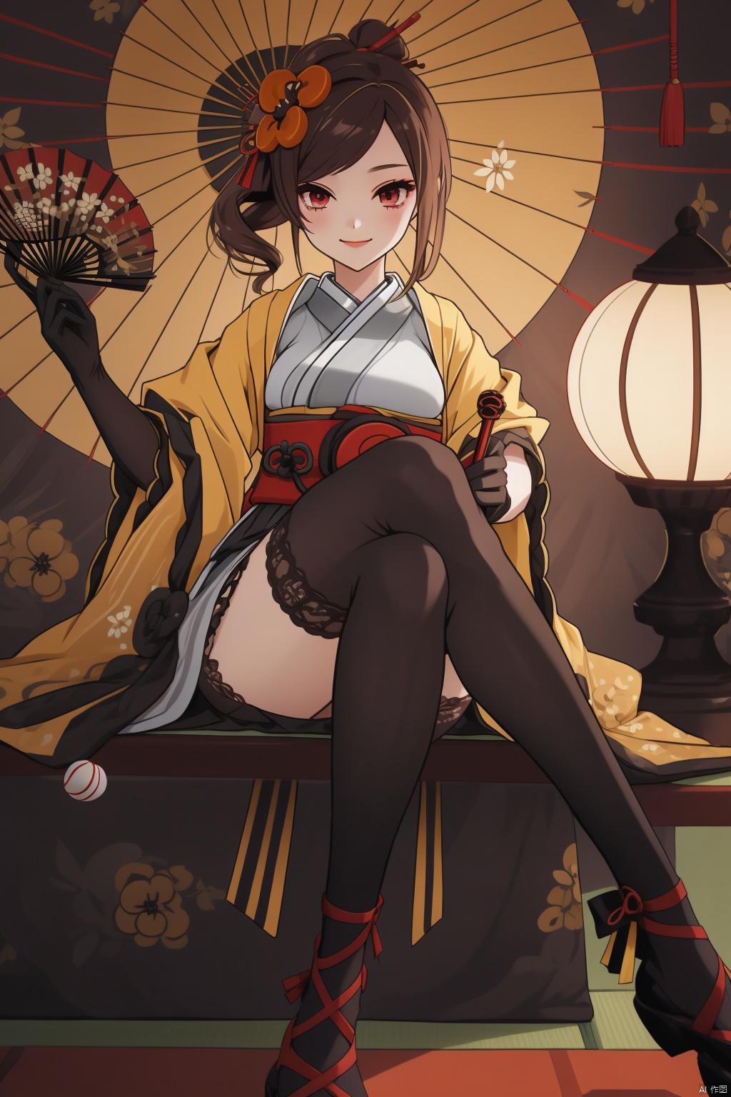 chiori, 1girl, hand fan, daruma doll, gloves, umbrella, thighhighs, maneki-neko, holding, solo, folding fan, japanese clothes, hair ornament, flower, sitting, black gloves, brown hair, kagami mochi, red eyes, looking at viewer, oil-paper umbrella, elbow gloves, holding umbrella, breasts, kimono, holding fan, ema, black thighhighs, hamaya, food, smile, new year