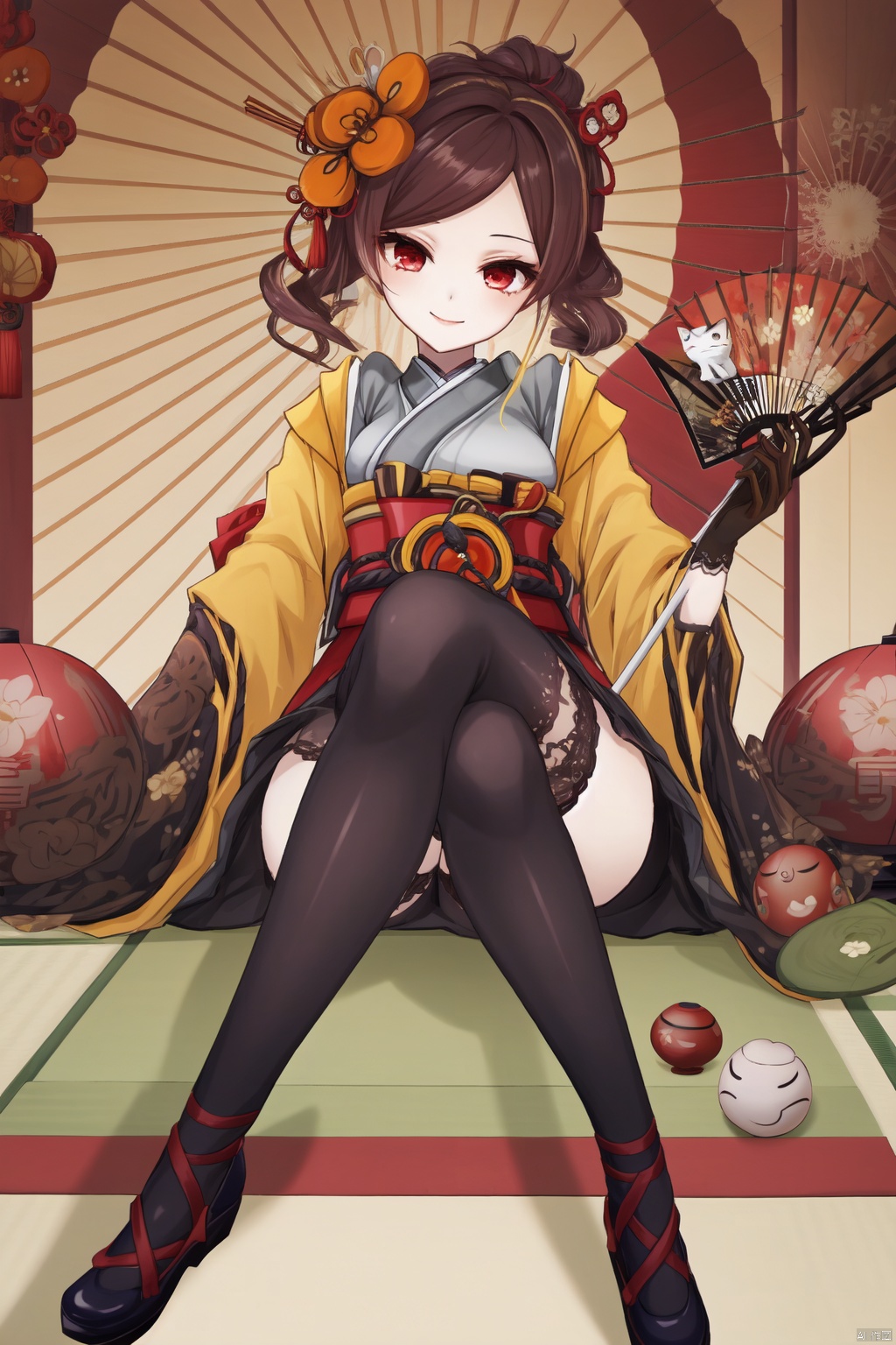 chiori, 1girl, hand fan, daruma doll, gloves, umbrella, thighhighs, maneki-neko, holding, solo, folding fan, japanese clothes, hair ornament, flower, sitting, black gloves, brown hair, kagami mochi, red eyes, looking at viewer, oil-paper umbrella, elbow gloves, holding umbrella, breasts, kimono, holding fan, ema, black thighhighs, hamaya, food, smile, new year