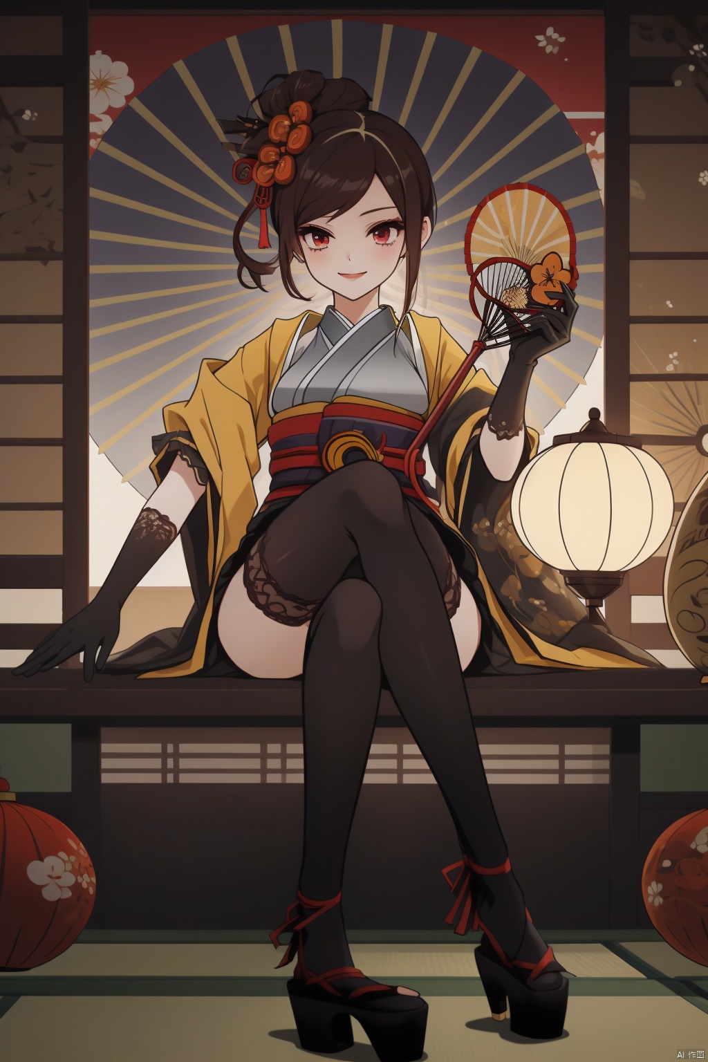 chiori, 1girl, hand fan, daruma doll, gloves, umbrella, thighhighs, maneki-neko, holding, solo, folding fan, japanese clothes, hair ornament, flower, sitting, black gloves, brown hair, kagami mochi, red eyes, looking at viewer, oil-paper umbrella, elbow gloves, holding umbrella, breasts, kimono, holding fan, ema, black thighhighs, hamaya, food, smile, new year