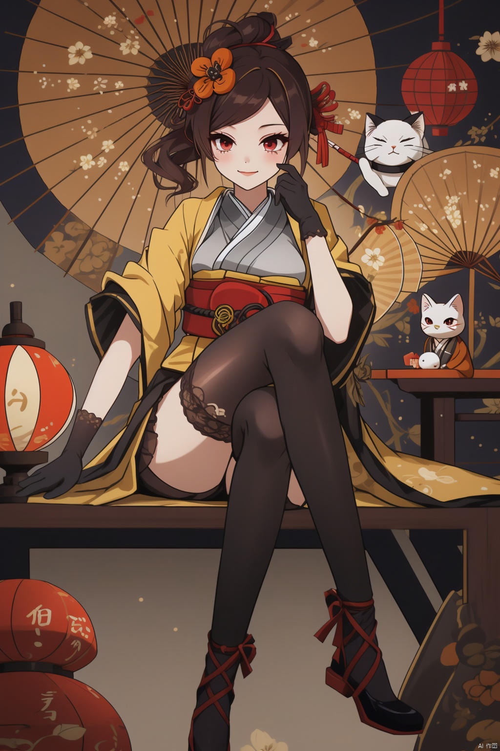 chiori, 1girl, hand fan, daruma doll, gloves, umbrella, thighhighs, maneki-neko, holding, solo, folding fan, japanese clothes, hair ornament, flower, sitting, black gloves, brown hair, kagami mochi, red eyes, looking at viewer, oil-paper umbrella, elbow gloves, holding umbrella, breasts, kimono, holding fan, ema, black thighhighs, hamaya, food, smile, new year