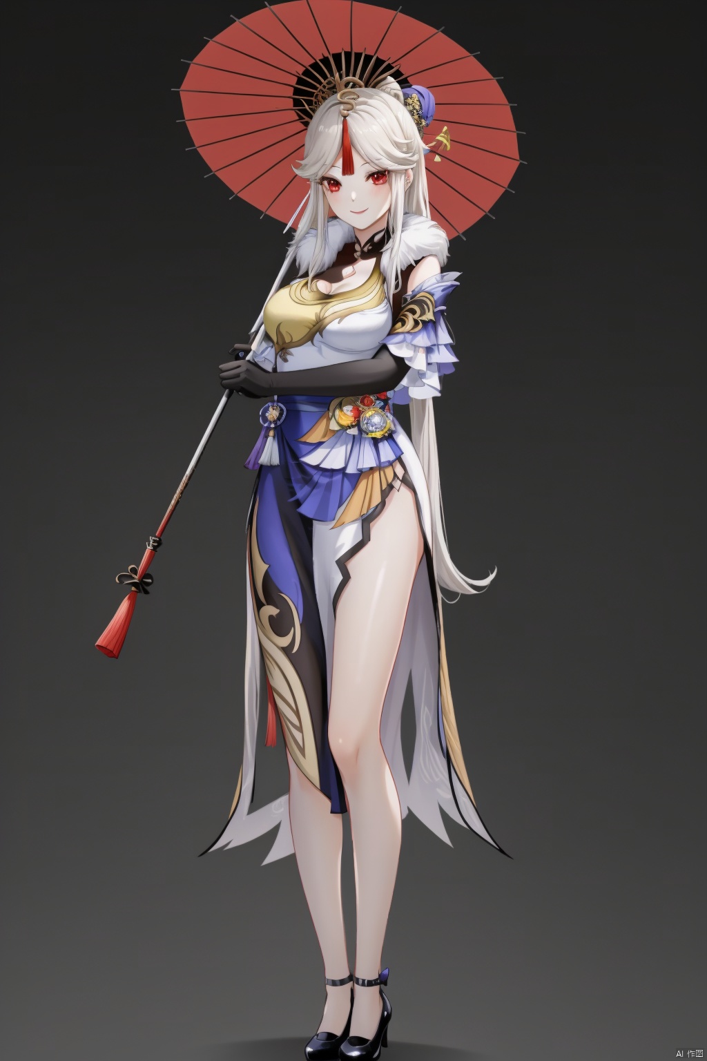 ningguang, 1girl, ningguang \(genshin impact\), solo, long hair, gloves, umbrella, chinese clothes, dress, elbow gloves, black gloves, china dress, white hair, looking at viewer, hair ornament, smile, holding, red eyes, full body, breasts, tassel, very long hair, hairpin, holding umbrella, bangs, oil-paper umbrella, black footwear, white dress, side slit, parted bangs, high heels, fur collar, standing, medium breasts, sidelocks