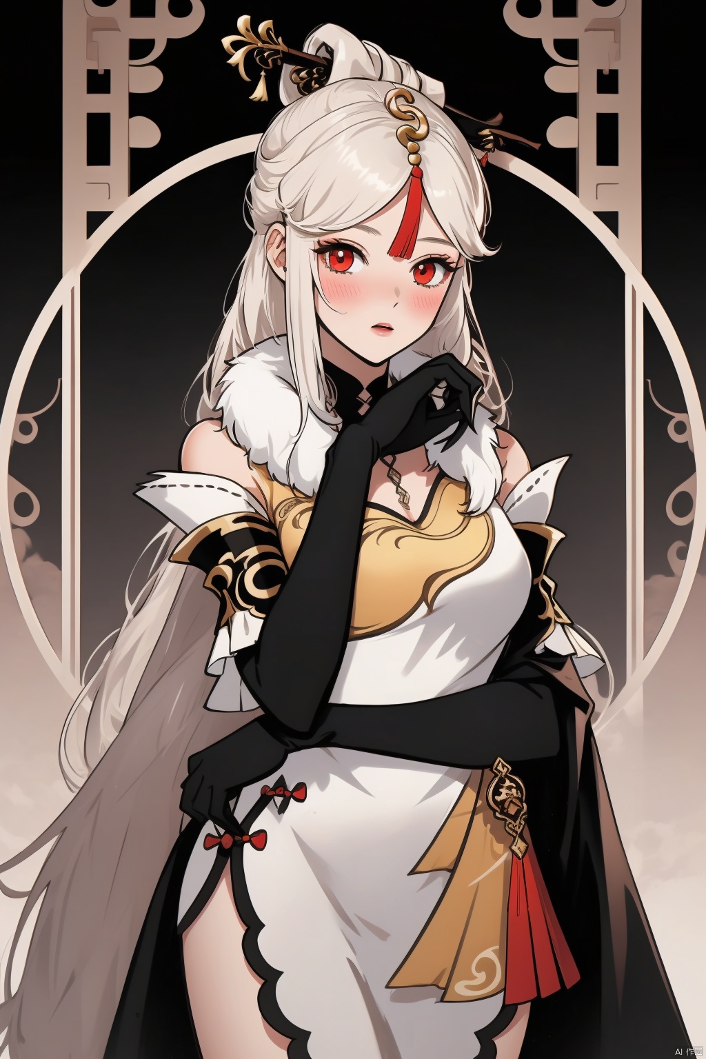 ningguang, 1girl, ningguang \(genshin impact\), solo, long hair, hair ornament, dress, red eyes, gloves, breasts, chinese clothes, elbow gloves, looking at viewer, white hair, bangs, black gloves, china dress, hairpin, parted bangs, hair stick, detached sleeves, sidelocks, white dress, tassel, very long hair, fur collar, claw ring, pelvic curtain, blush, parted lips, side slit, fur trim
