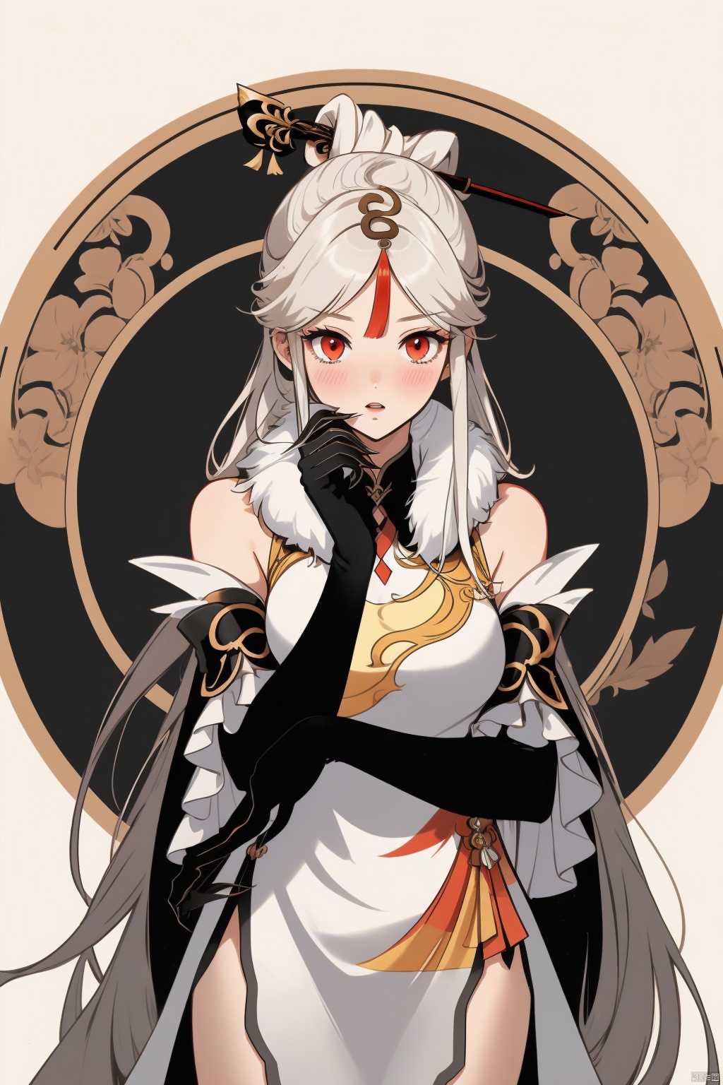  ningguang, 1girl, ningguang \(genshin impact\), solo, long hair, hair ornament, dress, red eyes, gloves, breasts, chinese clothes, elbow gloves, looking at viewer, white hair, bangs, black gloves, china dress, hairpin, parted bangs, hair stick, detached sleeves, sidelocks, white dress, tassel, very long hair, fur collar, claw ring, pelvic curtain, blush, parted lips, side slit, fur trim