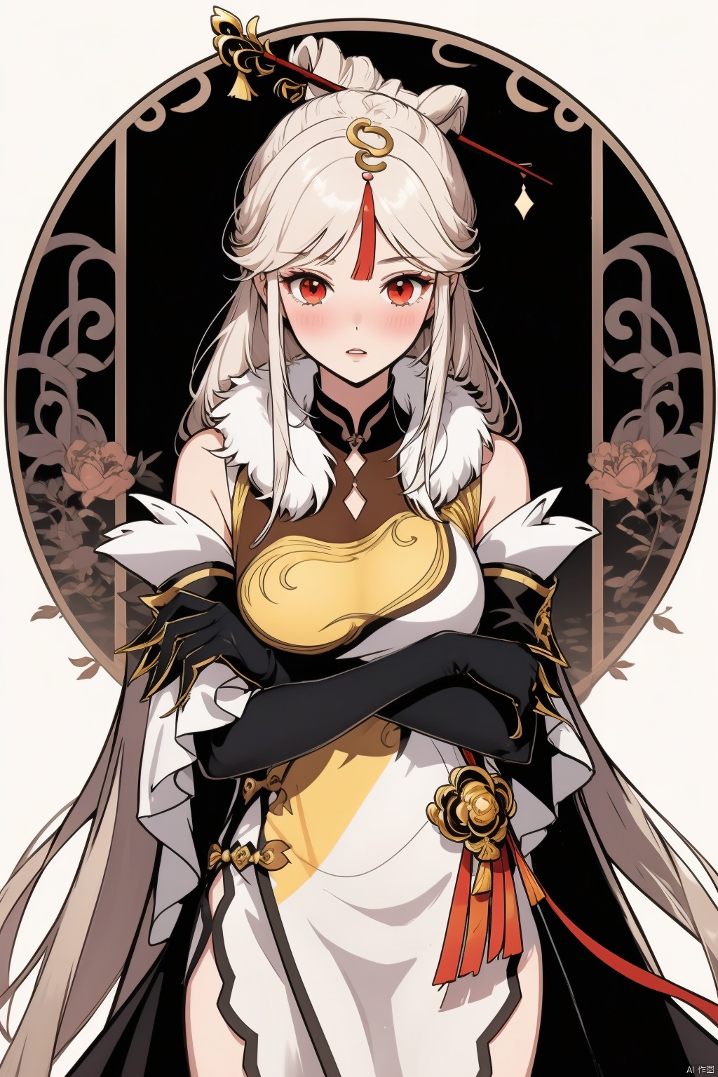  ningguang, 1girl, ningguang \(genshin impact\), solo, long hair, hair ornament, dress, red eyes, gloves, breasts, chinese clothes, elbow gloves, looking at viewer, white hair, bangs, black gloves, china dress, hairpin, parted bangs, hair stick, detached sleeves, sidelocks, white dress, tassel, very long hair, fur collar, claw ring, pelvic curtain, blush, parted lips, side slit, fur trim