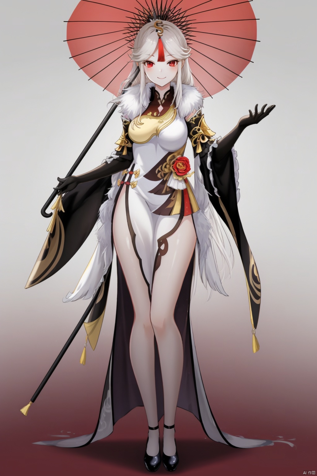 ningguang, 1girl, ningguang \(genshin impact\), solo, long hair, gloves, umbrella, chinese clothes, dress, elbow gloves, black gloves, china dress, white hair, looking at viewer, hair ornament, smile, holding, red eyes, full body, breasts, tassel, very long hair, hairpin, holding umbrella, bangs, oil-paper umbrella, black footwear, white dress, side slit, parted bangs, high heels, fur collar, standing, medium breasts, sidelocks