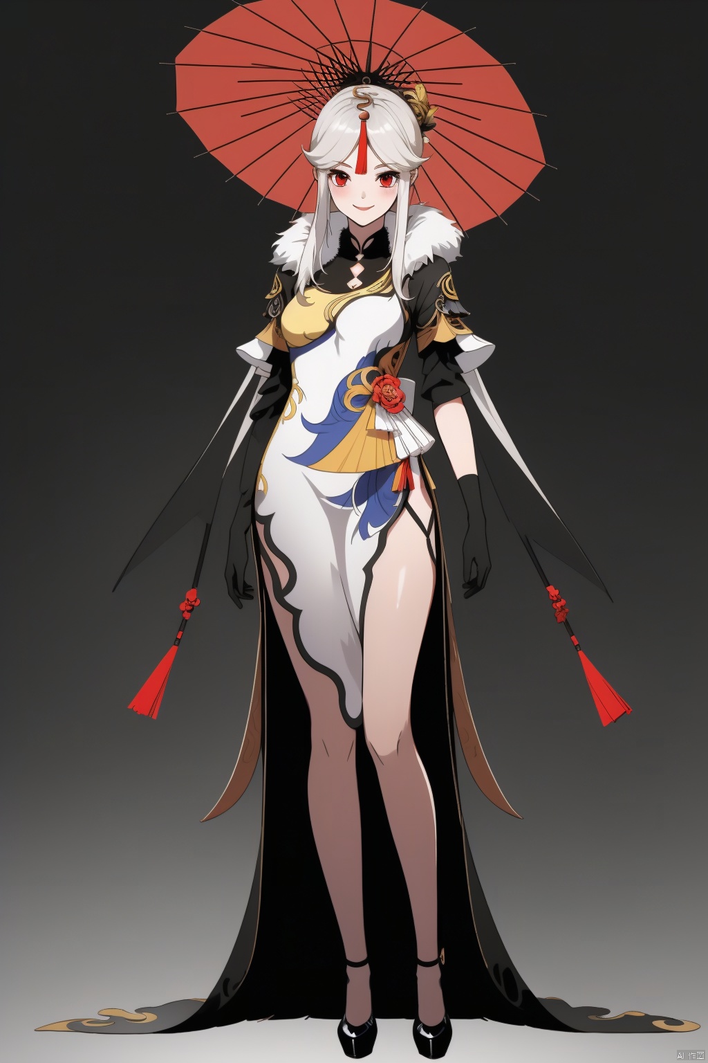 ningguang, 1girl, ningguang \(genshin impact\), solo, long hair, gloves, umbrella, chinese clothes, dress, elbow gloves, black gloves, china dress, white hair, looking at viewer, hair ornament, smile, holding, red eyes, full body, breasts, tassel, very long hair, hairpin, holding umbrella, bangs, oil-paper umbrella, black footwear, white dress, side slit, parted bangs, high heels, fur collar, standing, medium breasts, sidelocks